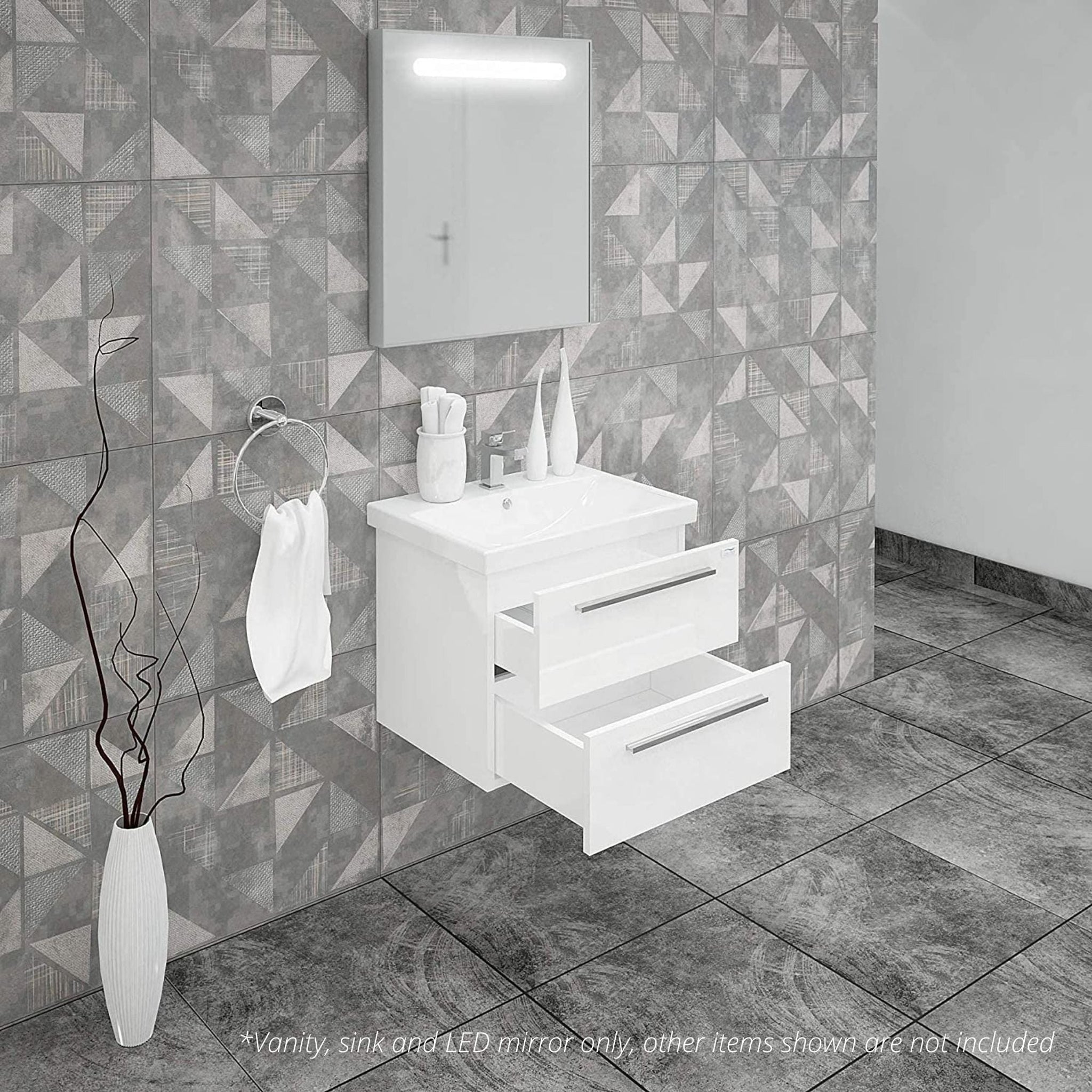 Casa Mare, Casa Mare Elke 24" Glossy White Wall-Mounted Bathroom Vanity and Ceramic Sink Combo With LED Mirror