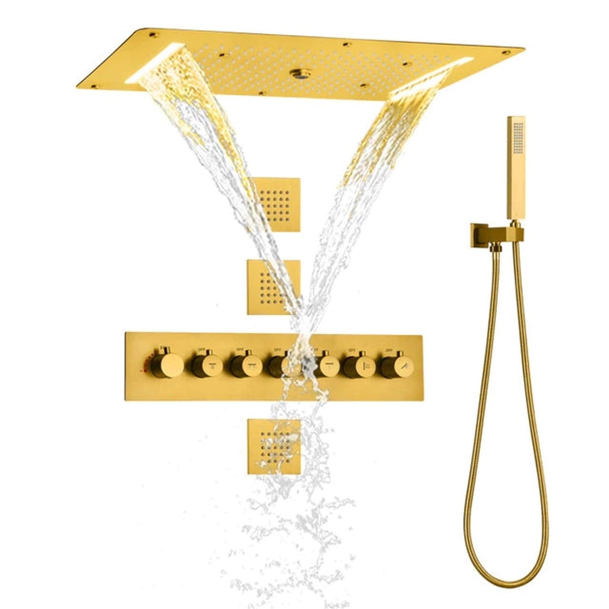 FontanaShowers, Casoria Brushed Gold Recessed LED Ceiling Mounted Waterfall Mist Rainfall Shower System With Hand Shower and 3-Jet Body Sprays