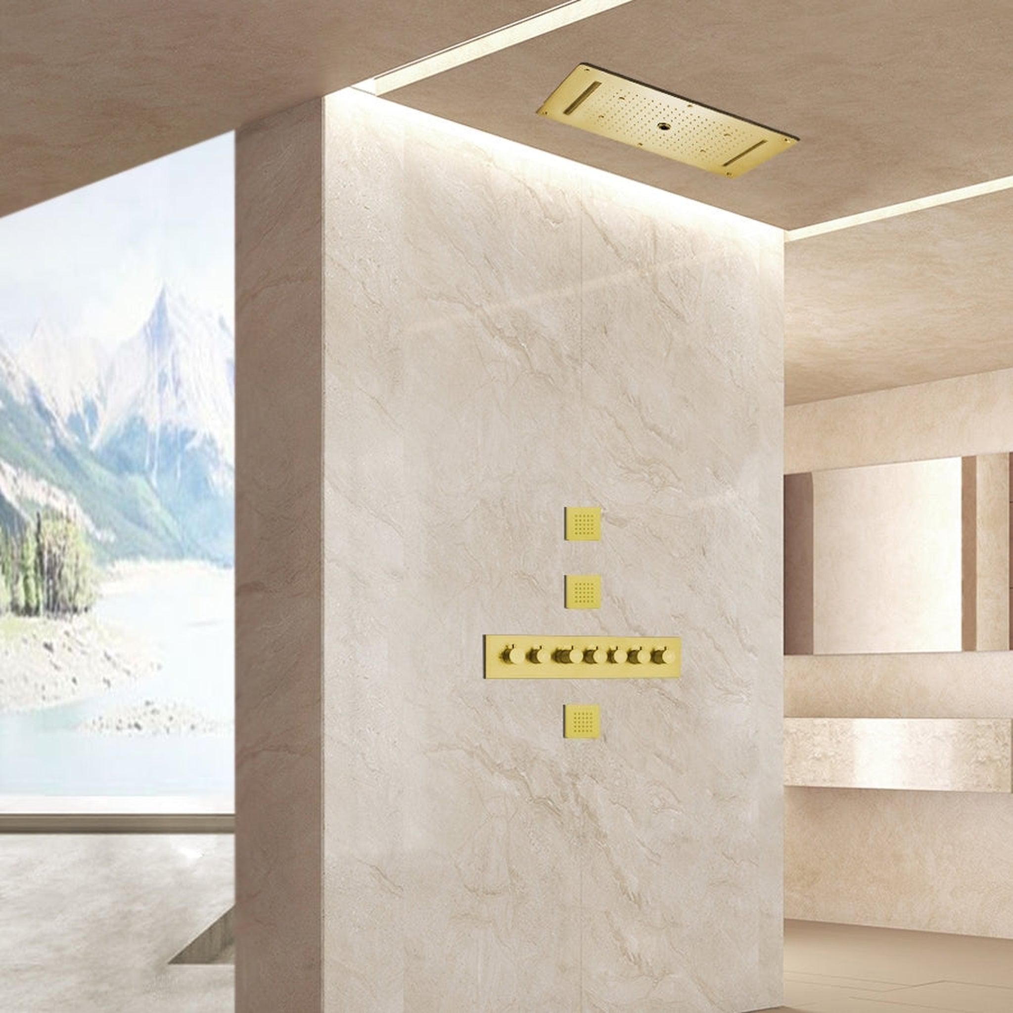 FontanaShowers, Casoria Brushed Gold Recessed LED Ceiling Mounted Waterfall Mist Rainfall Shower System With Hand Shower and 3-Jet Body Sprays