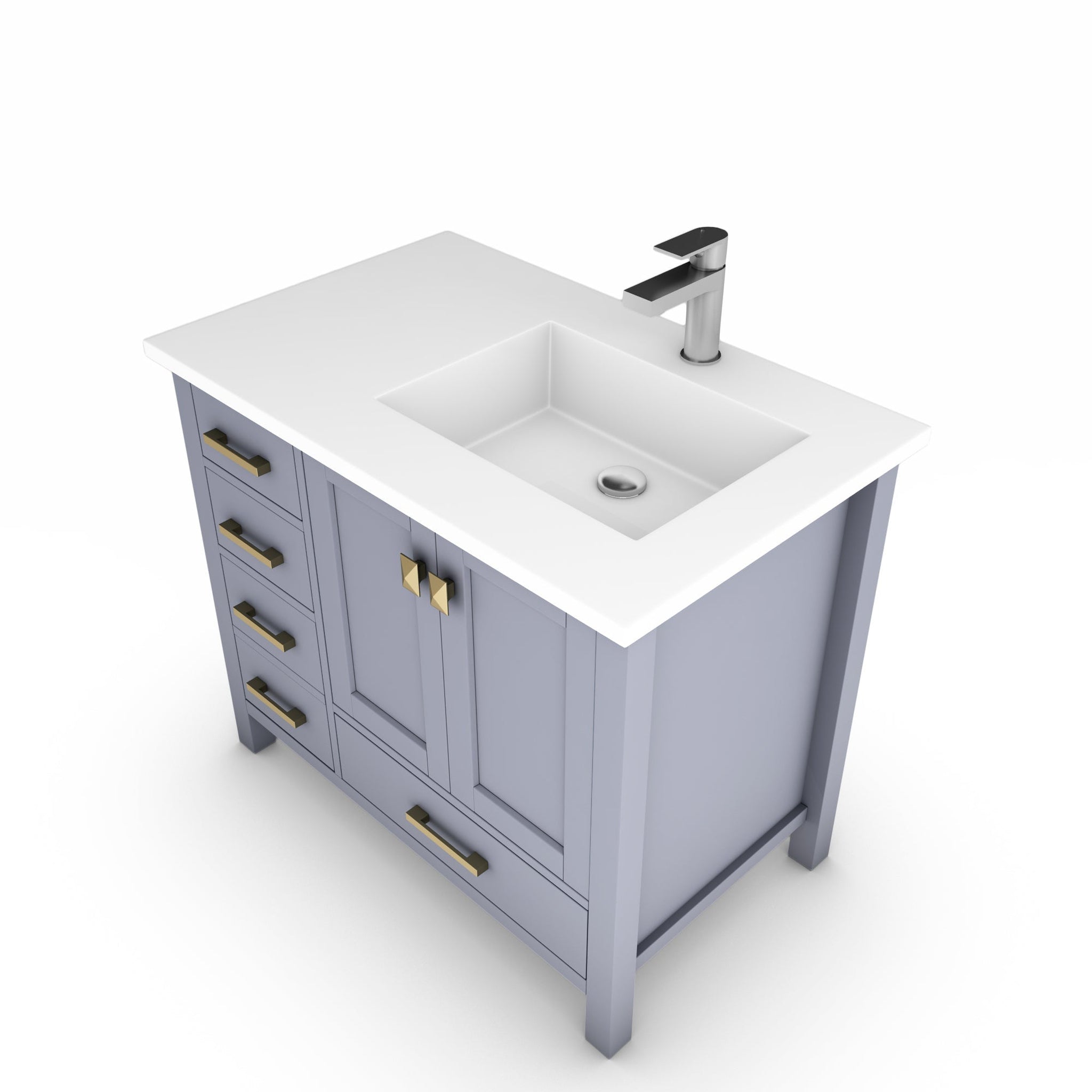 Castello USA, Castello USA Yamyam 36" Gray Right Offset Vanity Set With White Top and Gold Handles