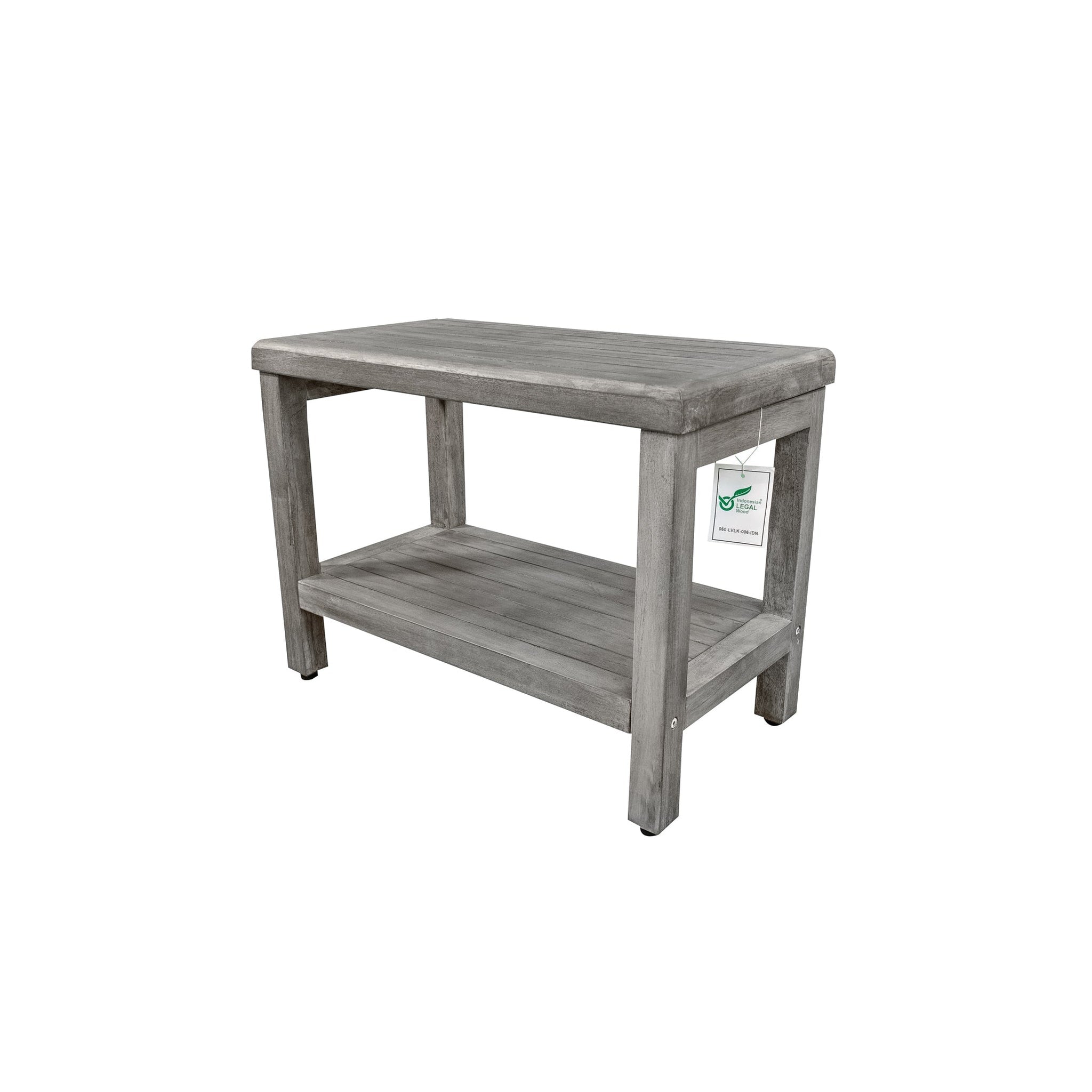 CoastalVogue by E&T Horizons, CoastalVogue Eleganto 24" Antique Gray Solid Teak Wood Shower Bench With Shelf