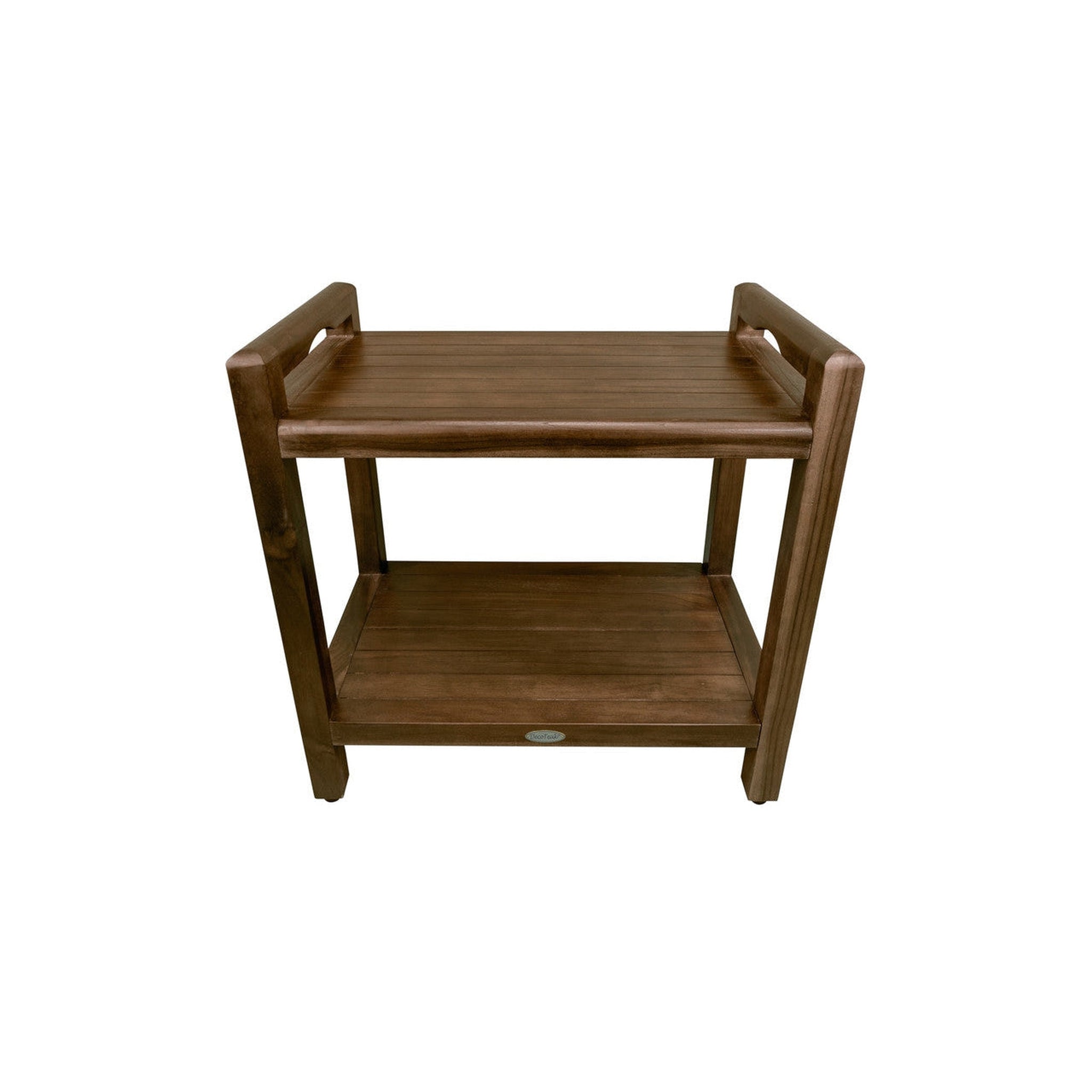 DecoTeak by E&T Horizons, DecoTeak Eleganto 20" Woodland Brown Solid Teak Wood Shower Bench With LiftAide Arms and Shelf