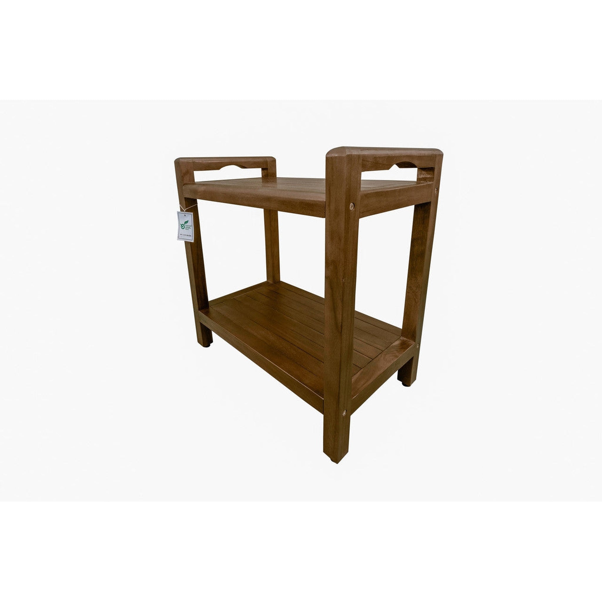 DecoTeak by E&T Horizons, DecoTeak Eleganto 20" Woodland Brown Solid Teak Wood Shower Bench With LiftAide Arms and Shelf