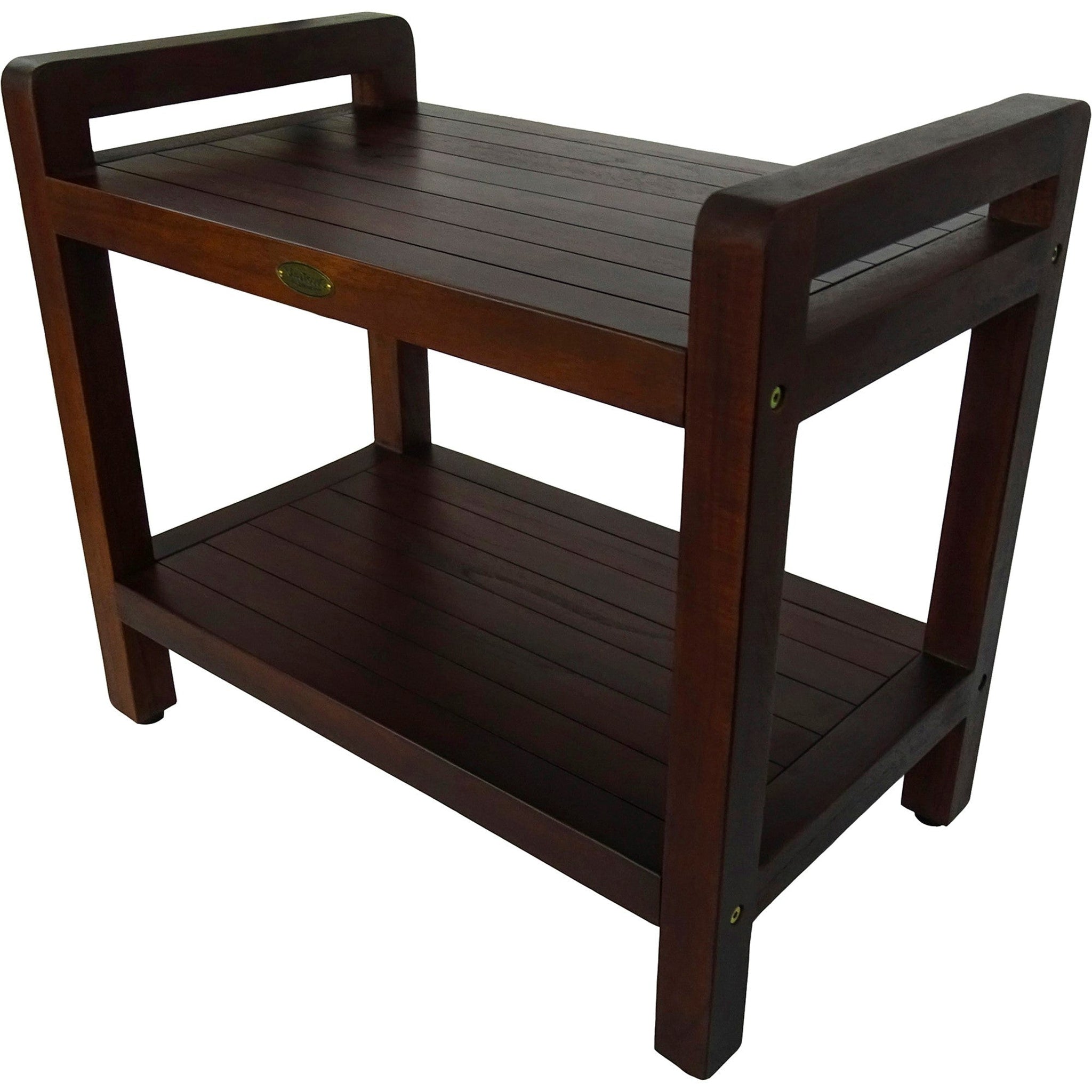 DecoTeak by E&T Horizons, DecoTeak Eleganto 24" Woodland Brown Solid Teak Wood Shower Bench With LiftAide Arms and Shelf