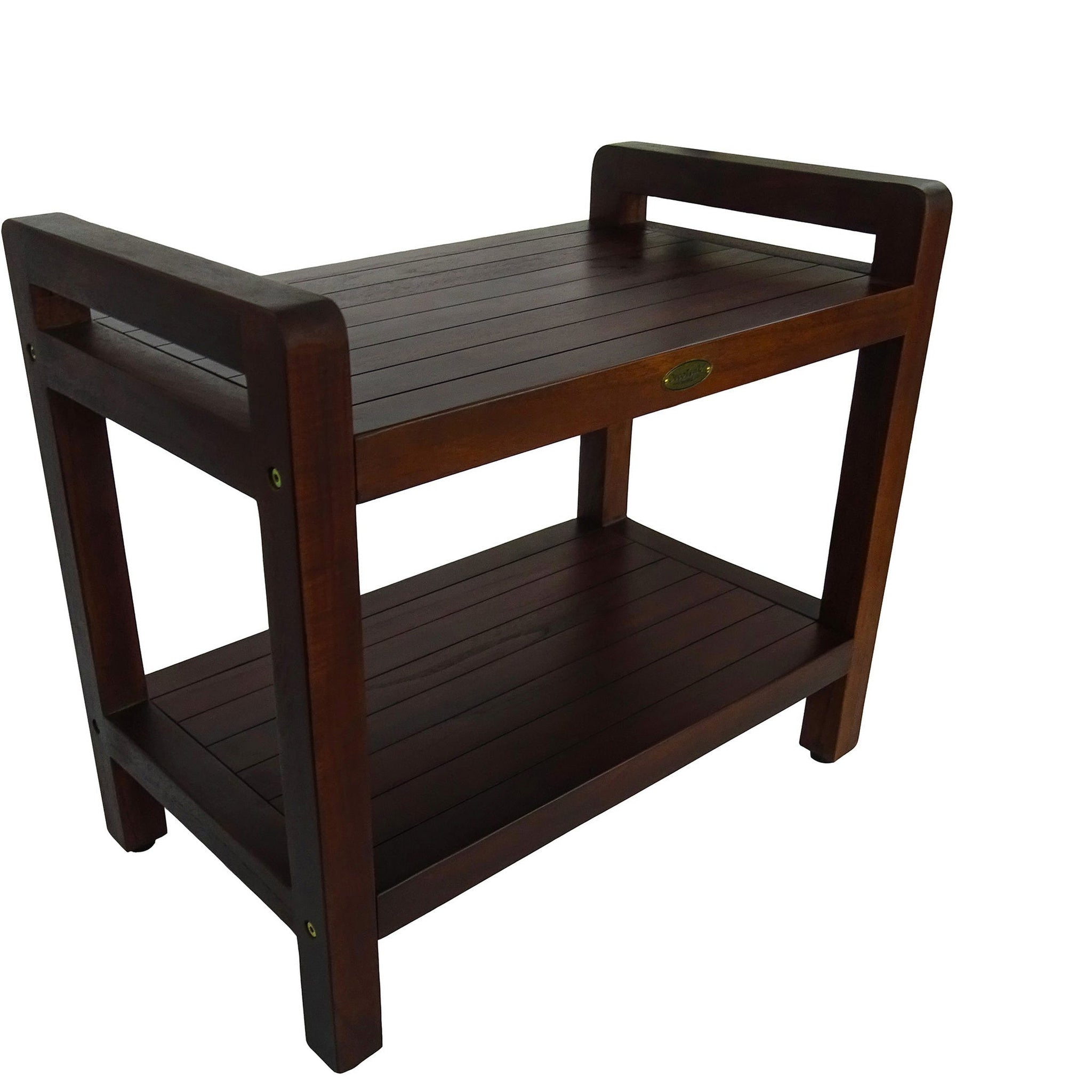 DecoTeak by E&T Horizons, DecoTeak Eleganto 24" Woodland Brown Solid Teak Wood Shower Bench With LiftAide Arms and Shelf