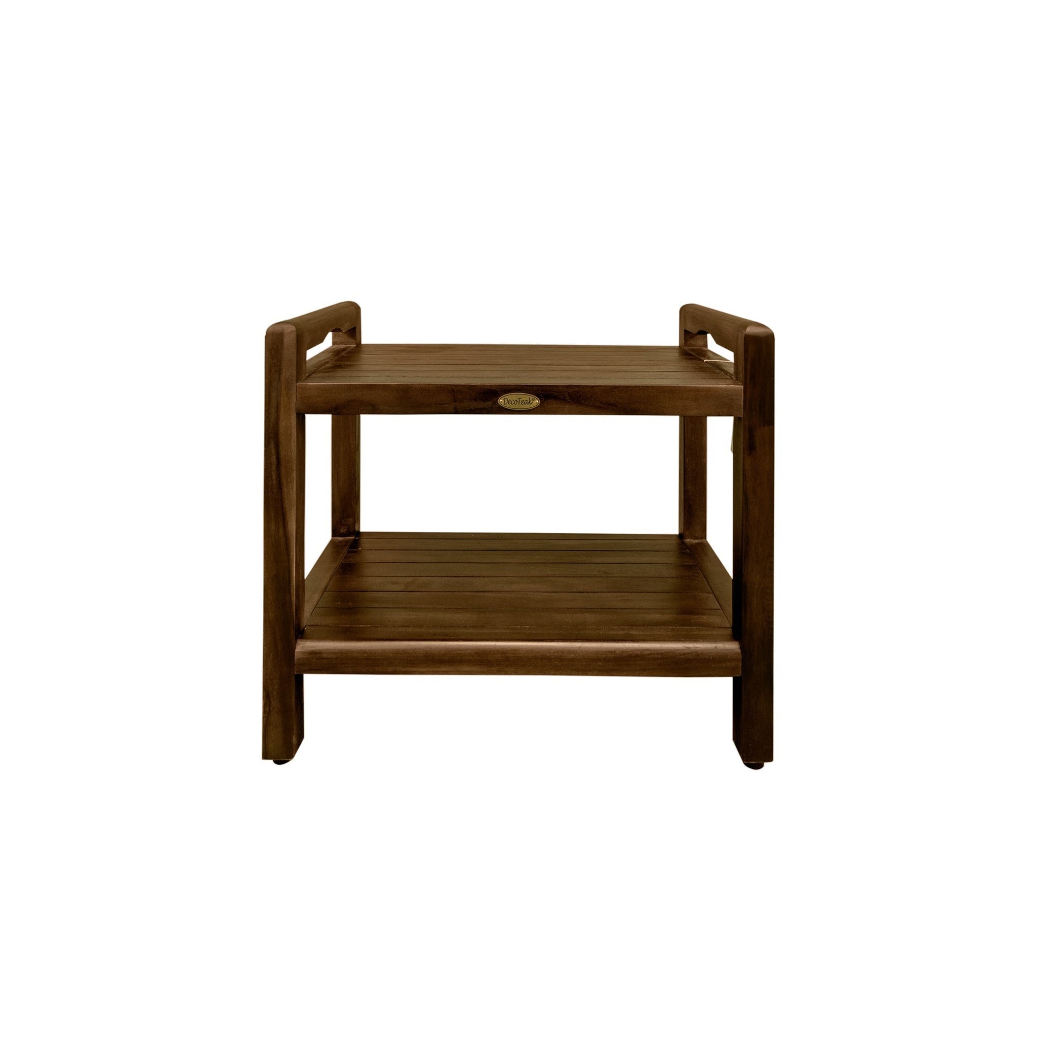 DecoTeak by E&T Horizons, DecoTeak Eleganto 24" Woodland Brown Solid Teak Wood Tall Shower Bench With LiftAide Arms and Shelf