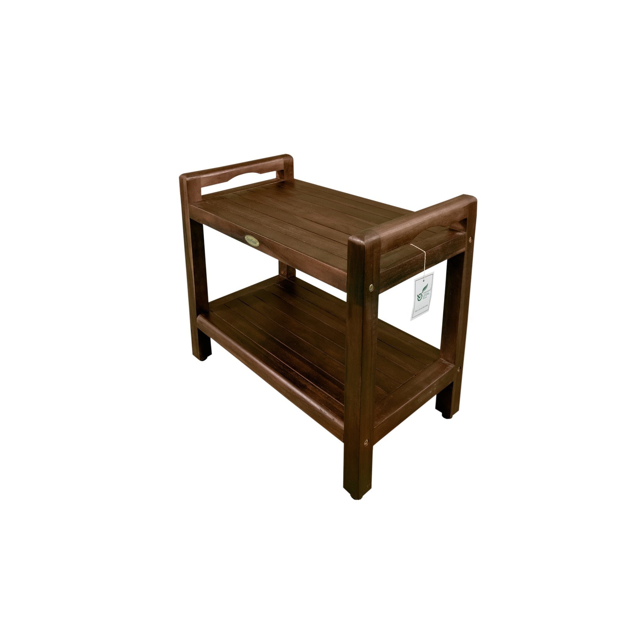 DecoTeak by E&T Horizons, DecoTeak Eleganto 24" Woodland Brown Solid Teak Wood Tall Shower Bench With LiftAide Arms and Shelf