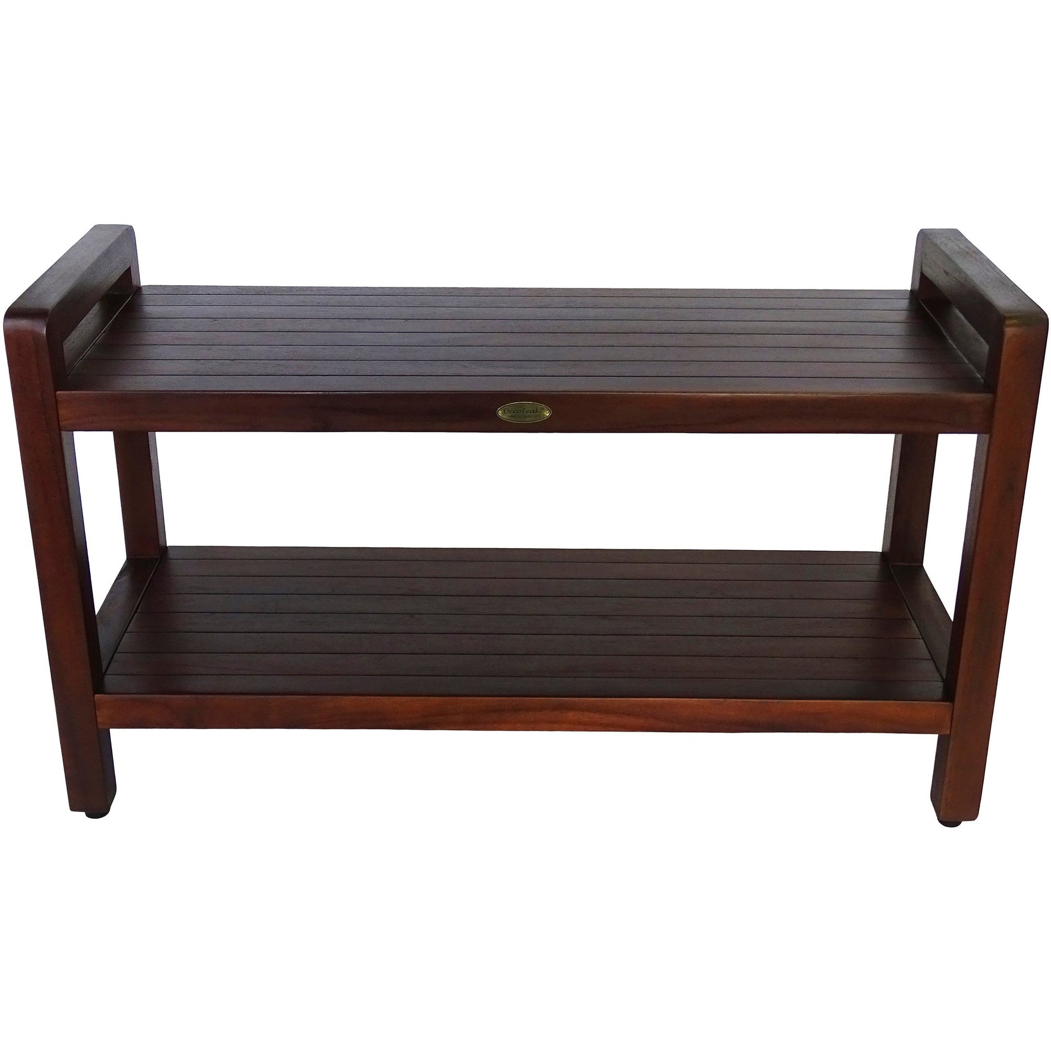 DecoTeak by E&T Horizons, DecoTeak Eleganto 35" Woodland Brown Solid Teak Wood Shower Bench With LiftAide Arms and Shelf