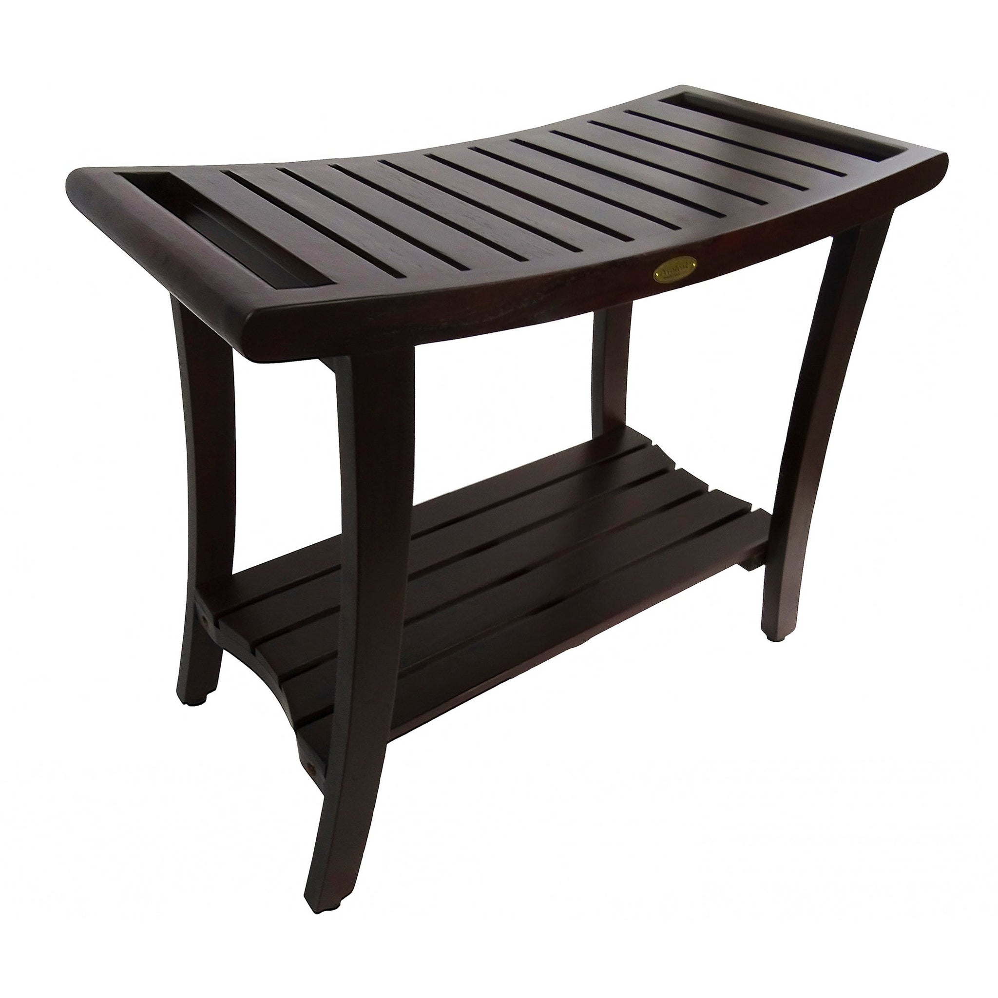 DecoTeak by E&T Horizons, DecoTeak Harmony 30" W x 23" H Woodland Brown Solid Teak Wood Shower Bench With Shelf and LiftAide Arms