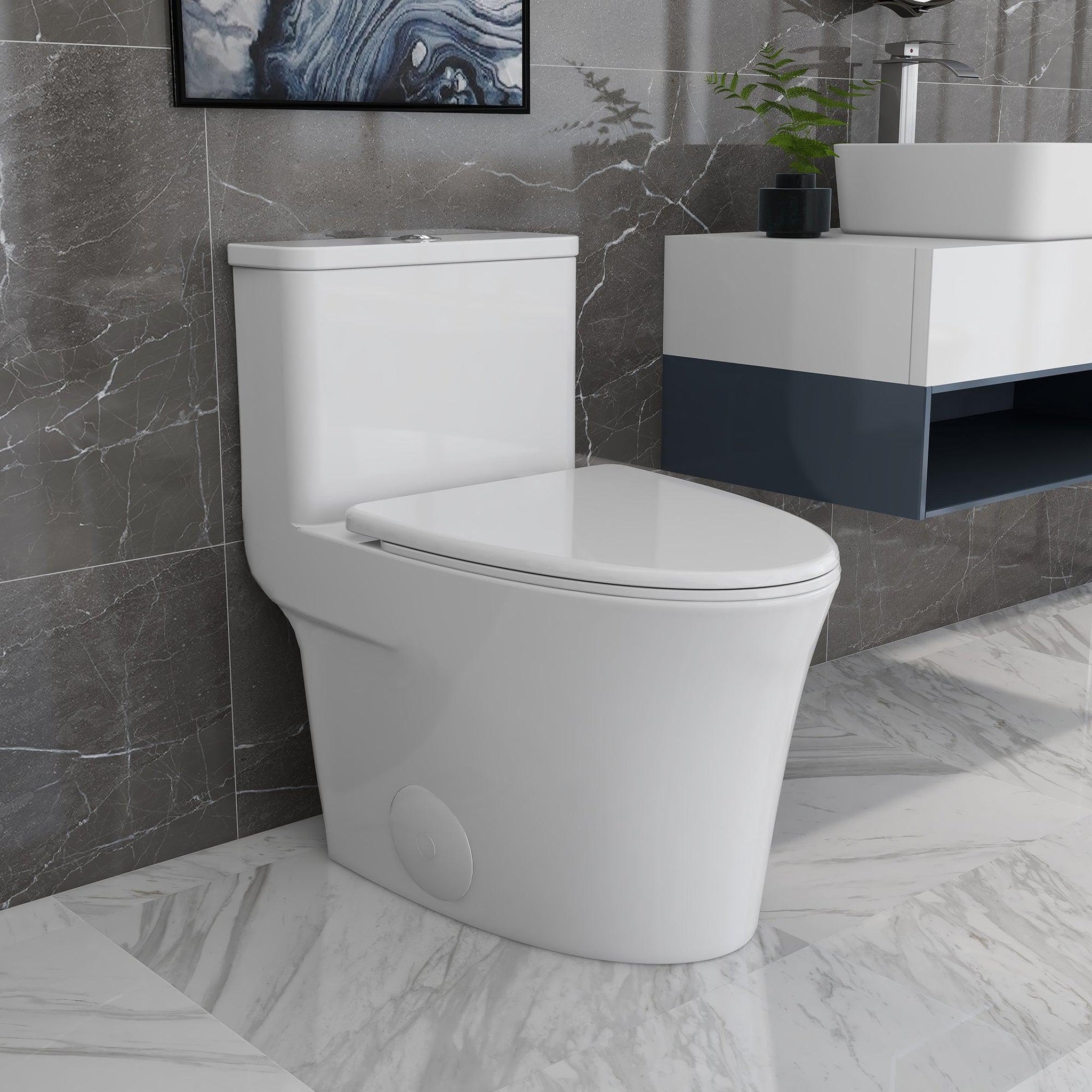 DeerValley, DeerValley Symmetry 1.28 GPF Water Efficient Ceramic Easy-to-Clean Elongated One-Piece Mid-Size Toilet With Soft Closing Seat