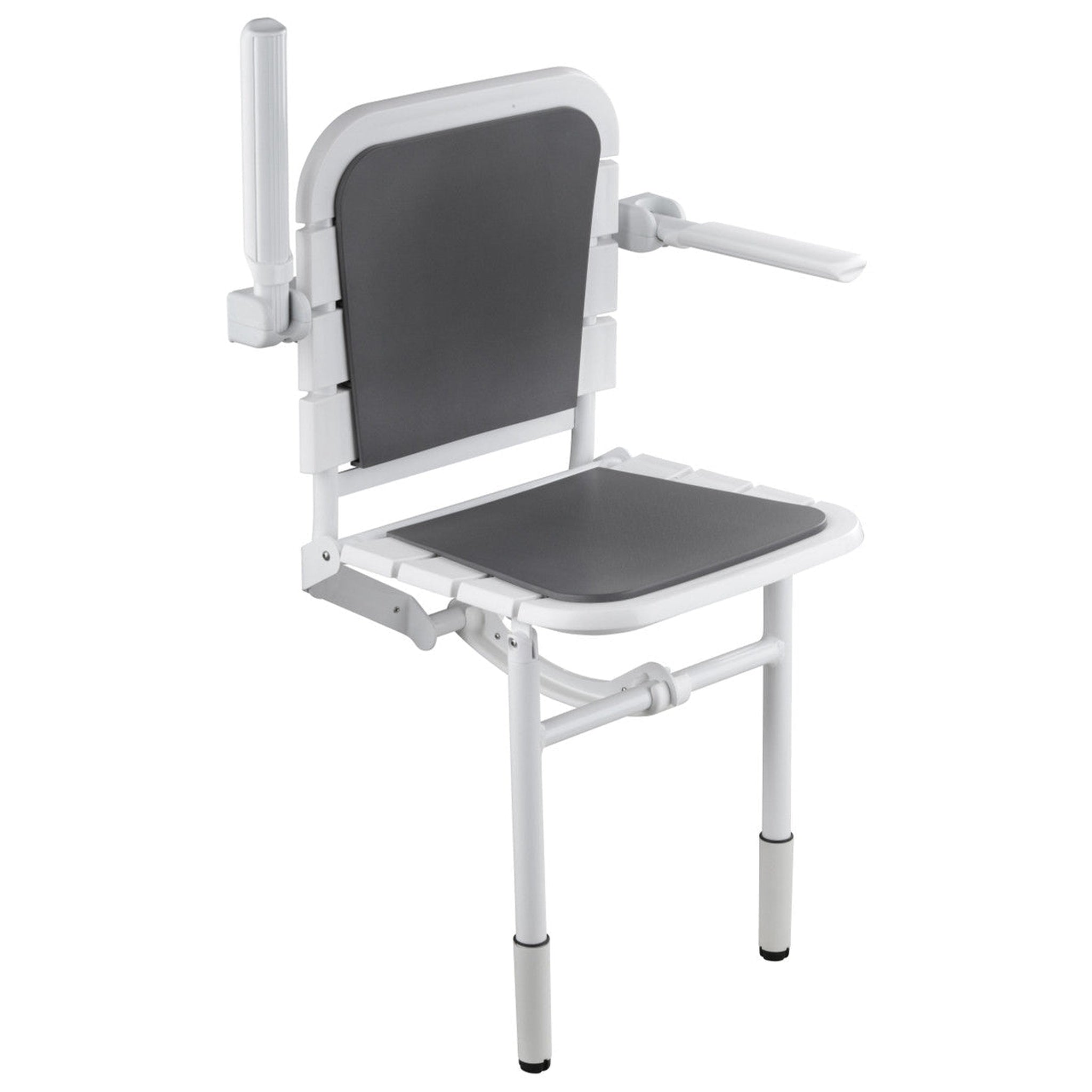 Design By Intent - Pellet, Design By Intent - Pellet Comfortique 23" Adjustable Height Wall Mounted Fold Away White and Gray Shower Chair With Back and Arm Rest