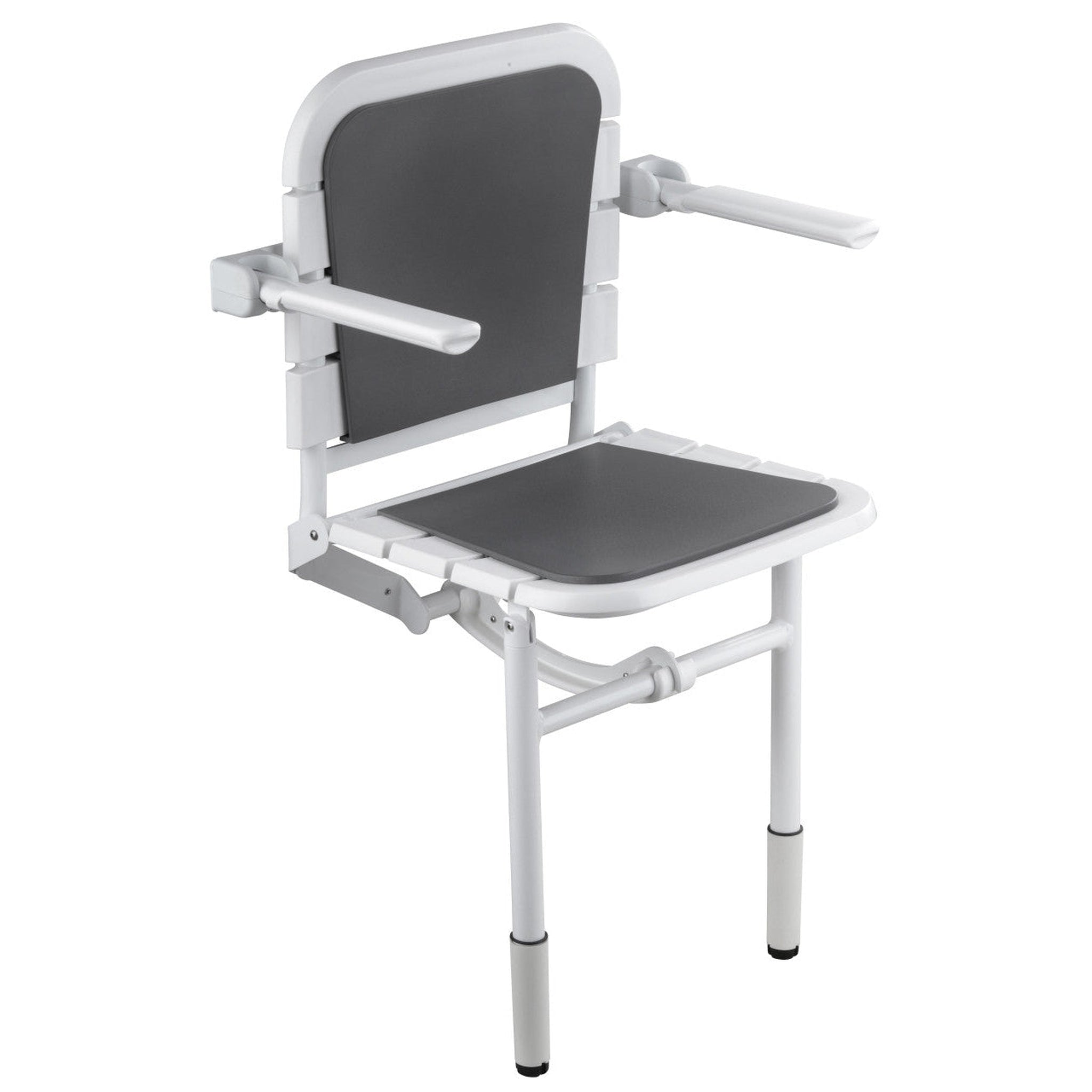 Design By Intent - Pellet, Design By Intent - Pellet Comfortique 23" Adjustable Height Wall Mounted Fold Away White and Gray Shower Chair With Back and Arm Rest