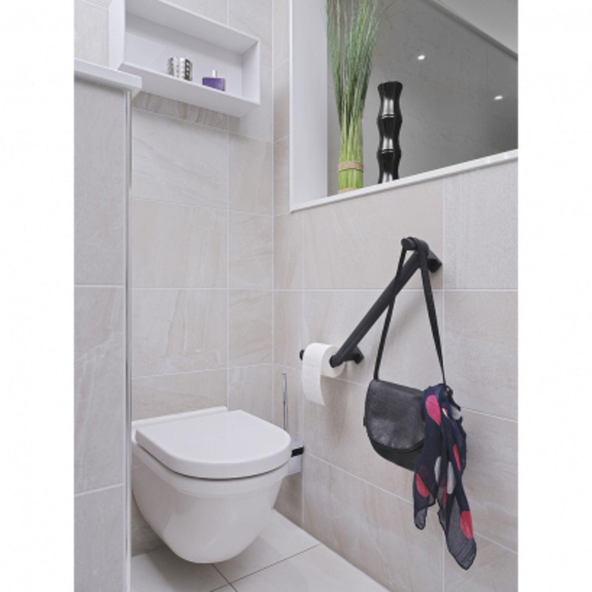 Design By Intent - Pellet, Design By Intent - Pellet Ellipso Black Angled Grab Bar With Purse Hook and Toilet Paper Holder