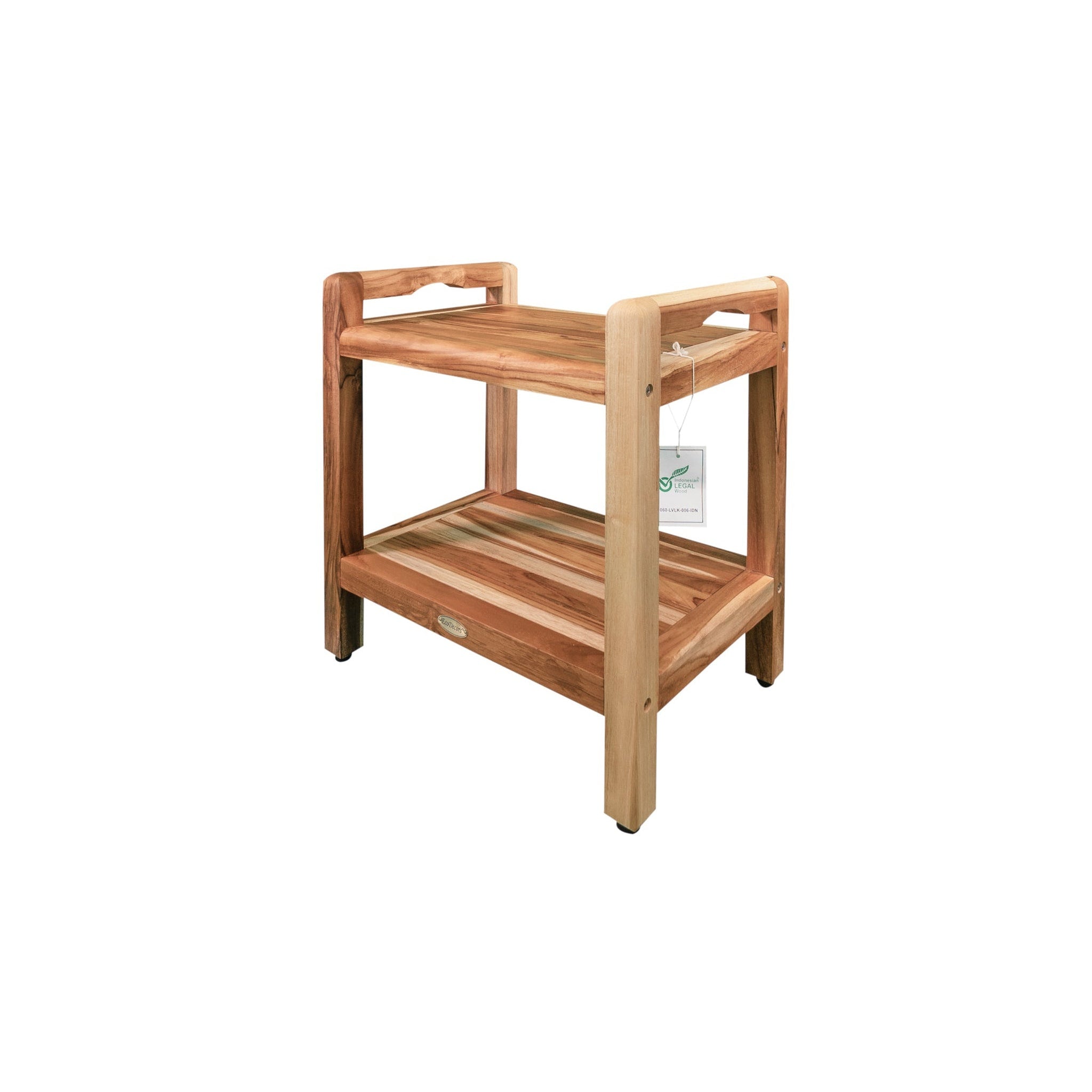 EcoDecors by E&T Horizons, EcoDecors Eleganto 20" EarthyTeak Solid Teak Wood Shower Bench With LiftAide Arms and Shelf