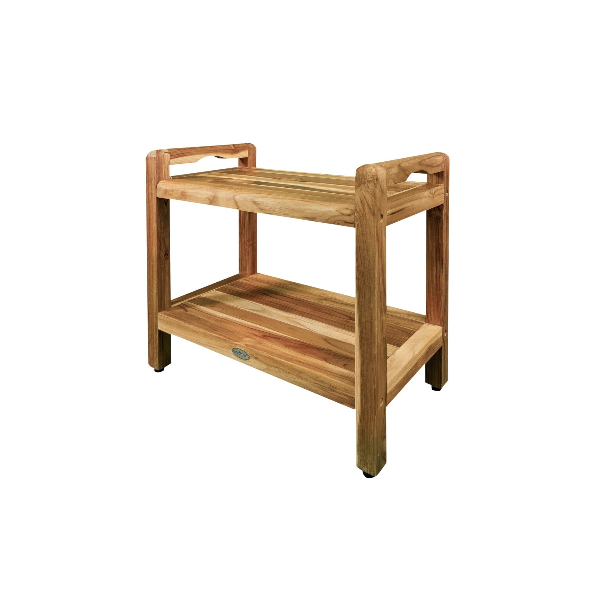 EcoDecors by E&T Horizons, EcoDecors Eleganto 24" EarthyTeak Solid Teak Wood Shower Bench With LiftAide Arms and Shelf