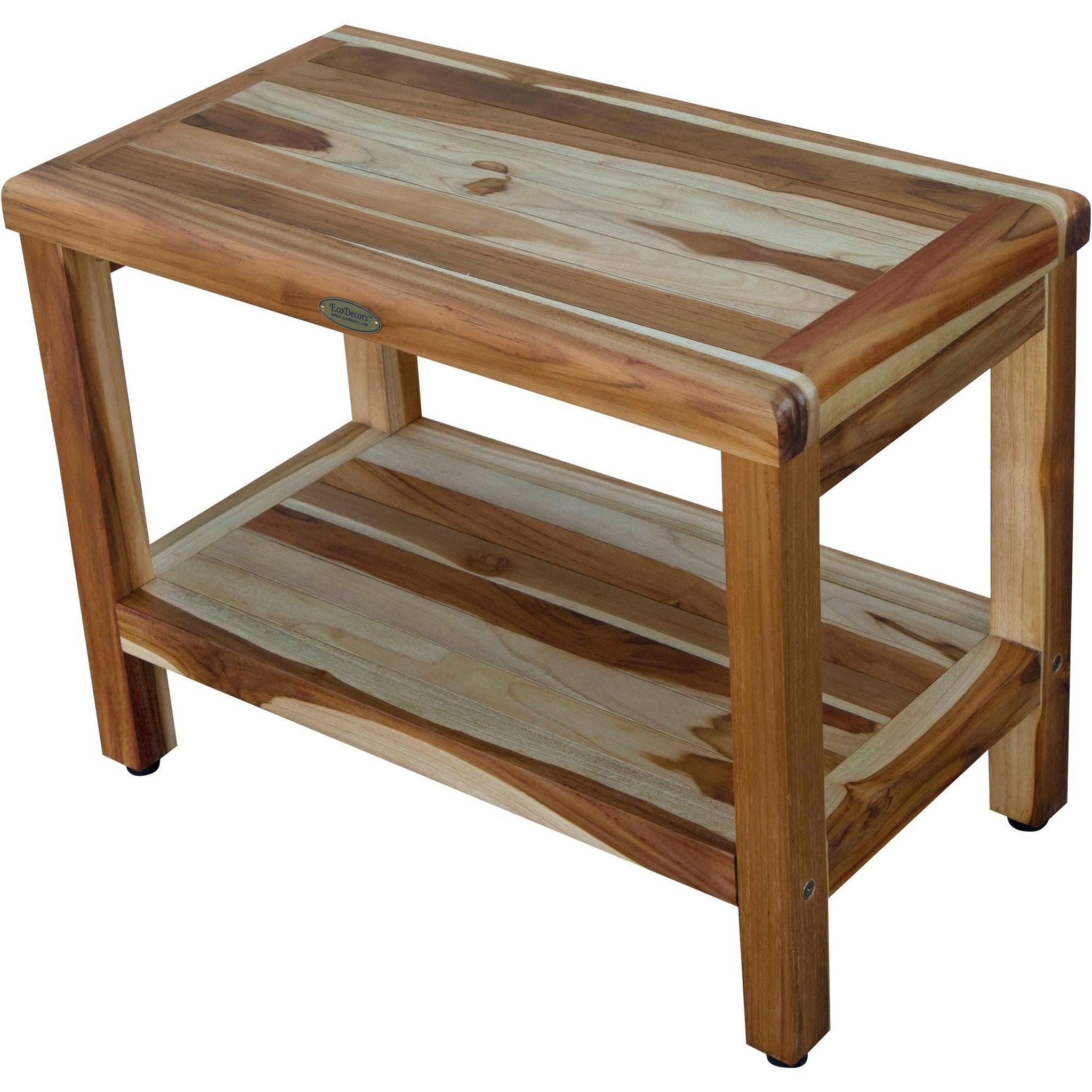 EcoDecors by E&T Horizons, EcoDecors Eleganto 24" EarthyTeak Solid Teak Wood Shower Bench With Shelf