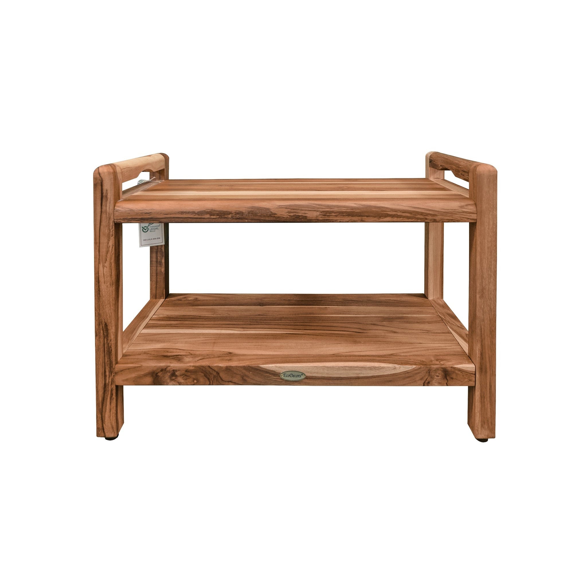 EcoDecors by E&T Horizons, EcoDecors Eleganto 29" EarthyTeak Solid Teak Wood Shower Bench With LiftAide Arms and Shelf