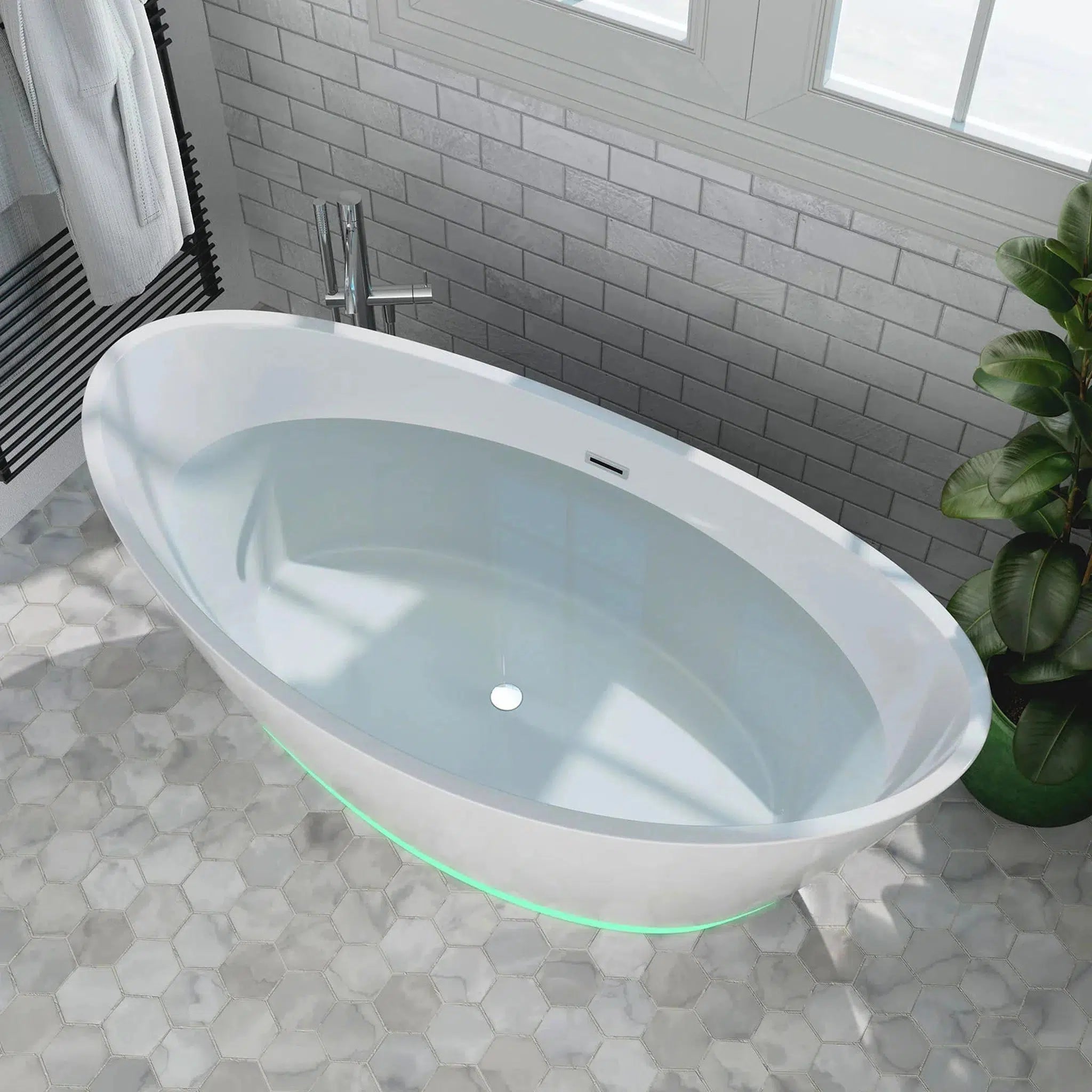 Empava, Empava 59" White Freestanding Oval Soaking Bathtub With LED Strip Below - 59FT1518LED