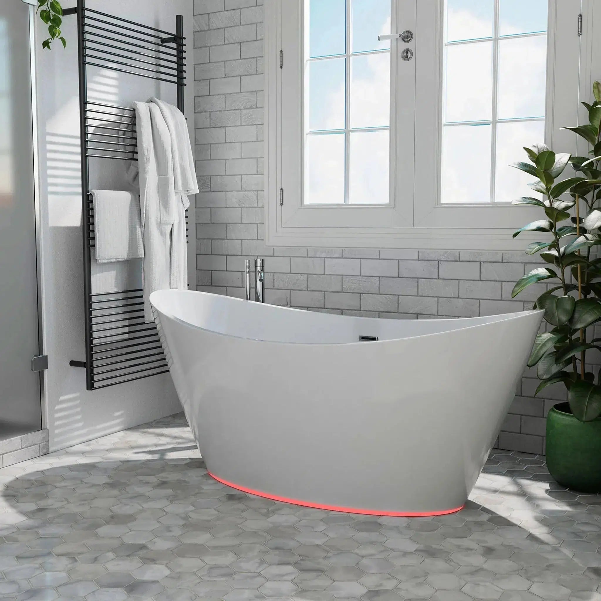 Empava, Empava 59" White Freestanding Oval Soaking Bathtub With LED Strip Below - 59FT1518LED