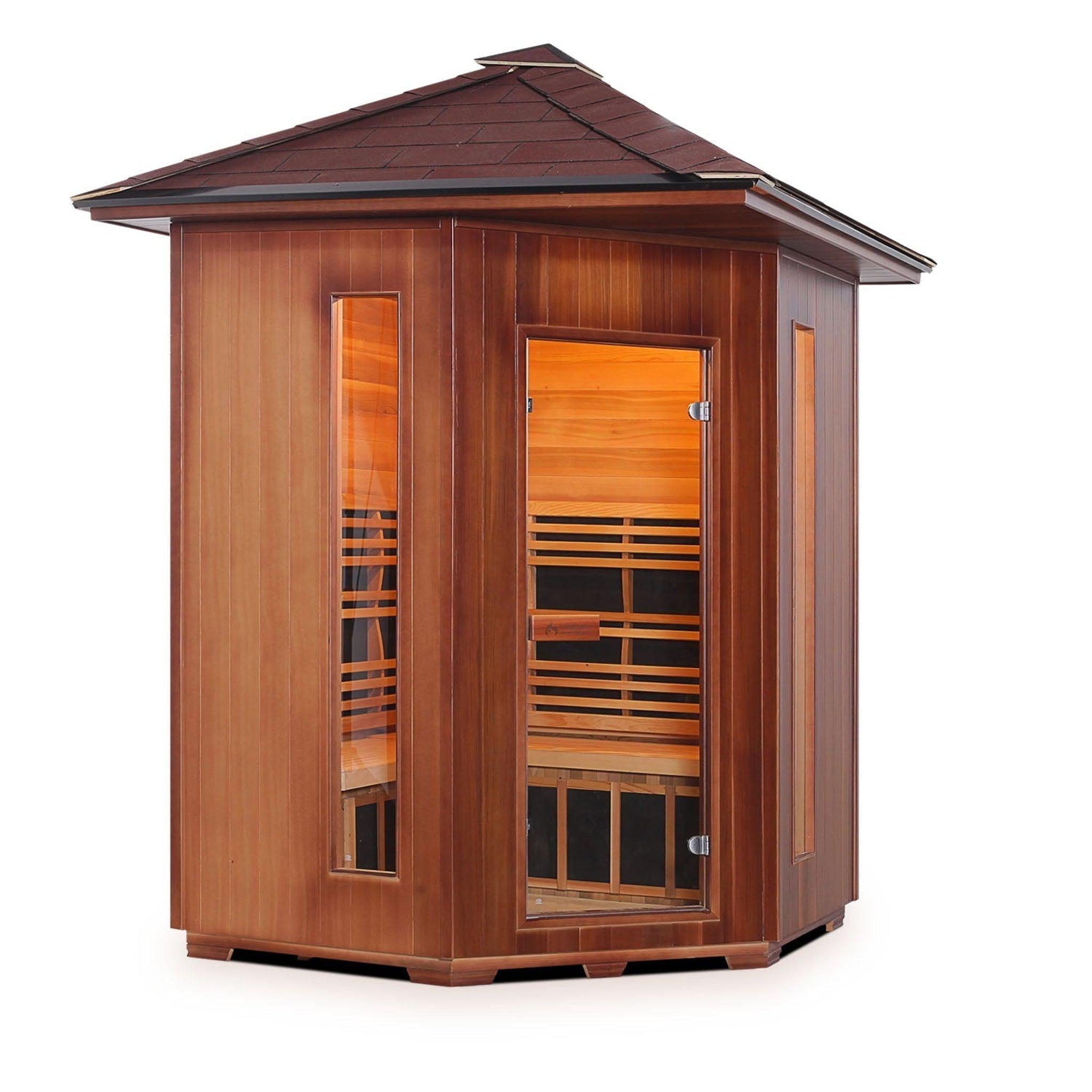 Enlighten Sauna, Enlighten InfraNature Duet Diamond 4-Person Corner Peak Roof Hybrid Infrared/Traditional Outdoor Sauna