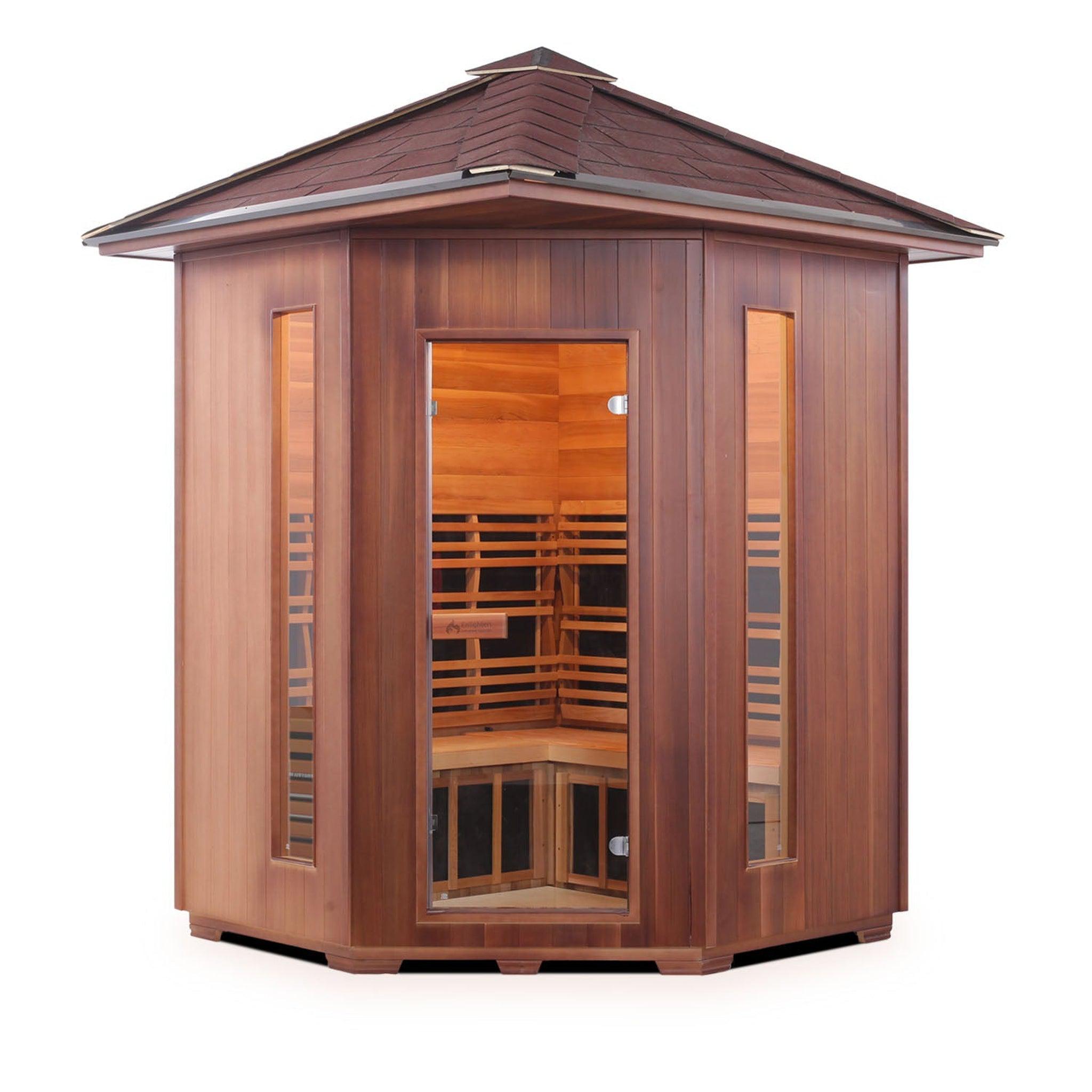 Enlighten Sauna, Enlighten InfraNature Duet Diamond 4-Person Corner Peak Roof Hybrid Infrared/Traditional Outdoor Sauna