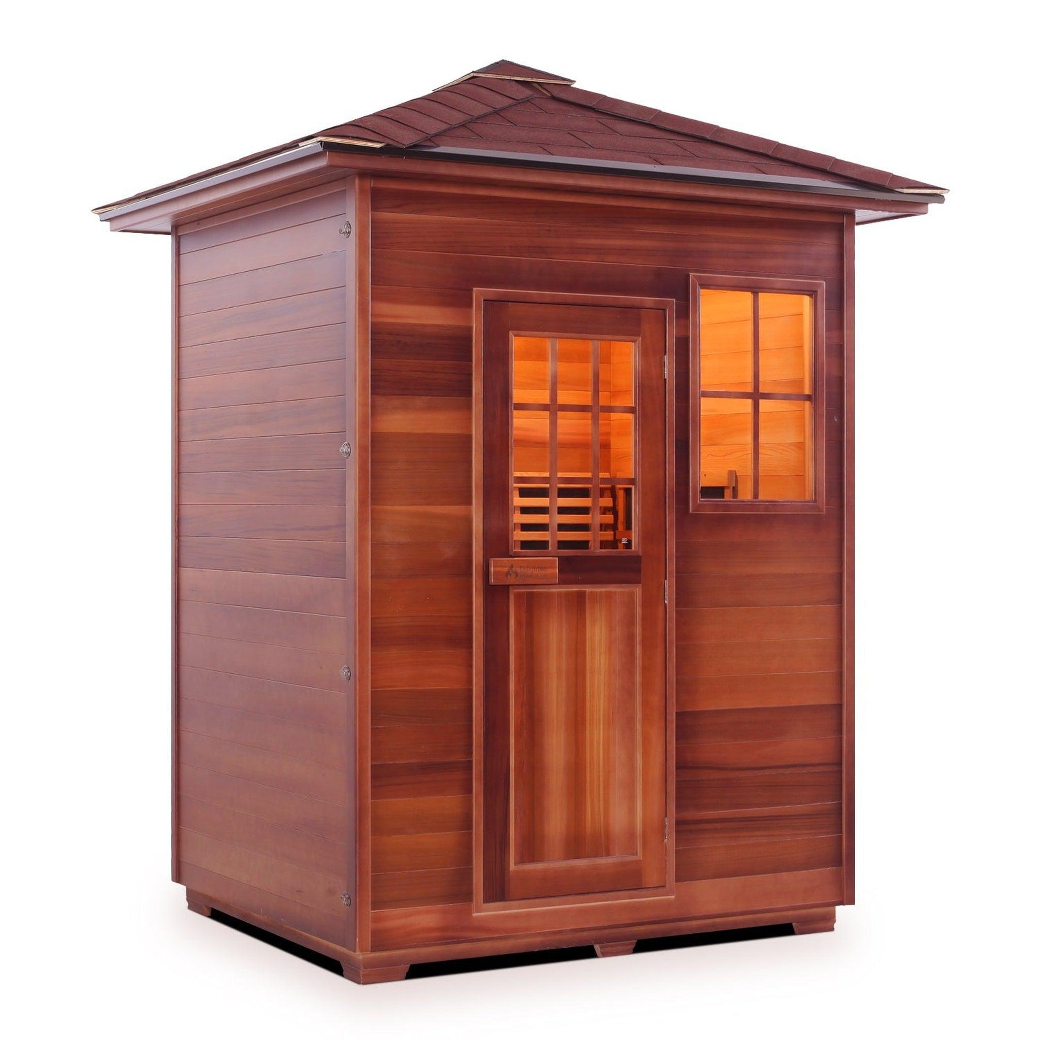 Enlighten Sauna, Enlighten InfraNature Duet Sapphire 3-Person Peak Roof Hybrid Infrared/Traditional Outdoor Sauna