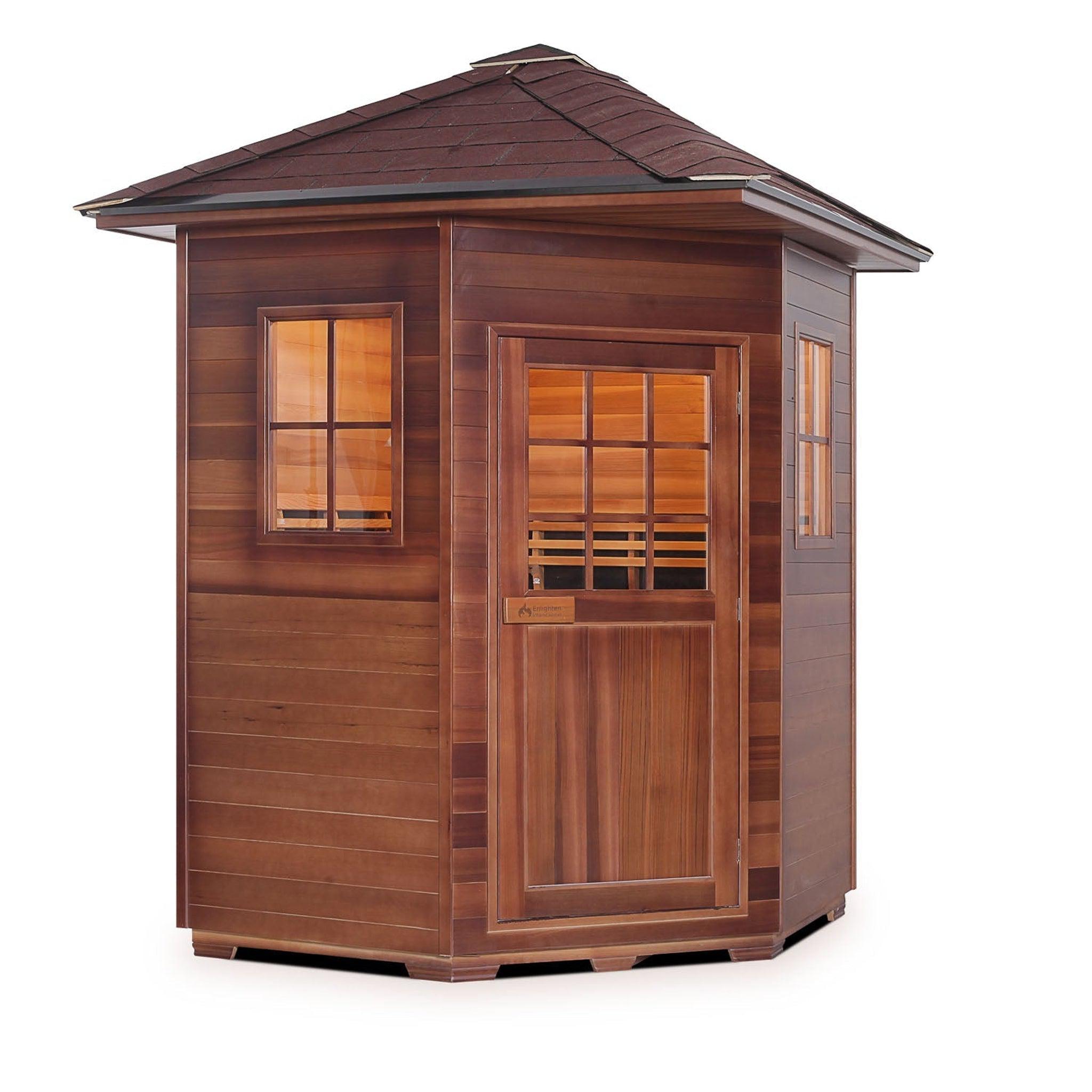 Enlighten Sauna, Enlighten InfraNature Duet Sapphire 4-Person Corner Peak Roof Hybrid Infrared/Traditional Outdoor Sauna