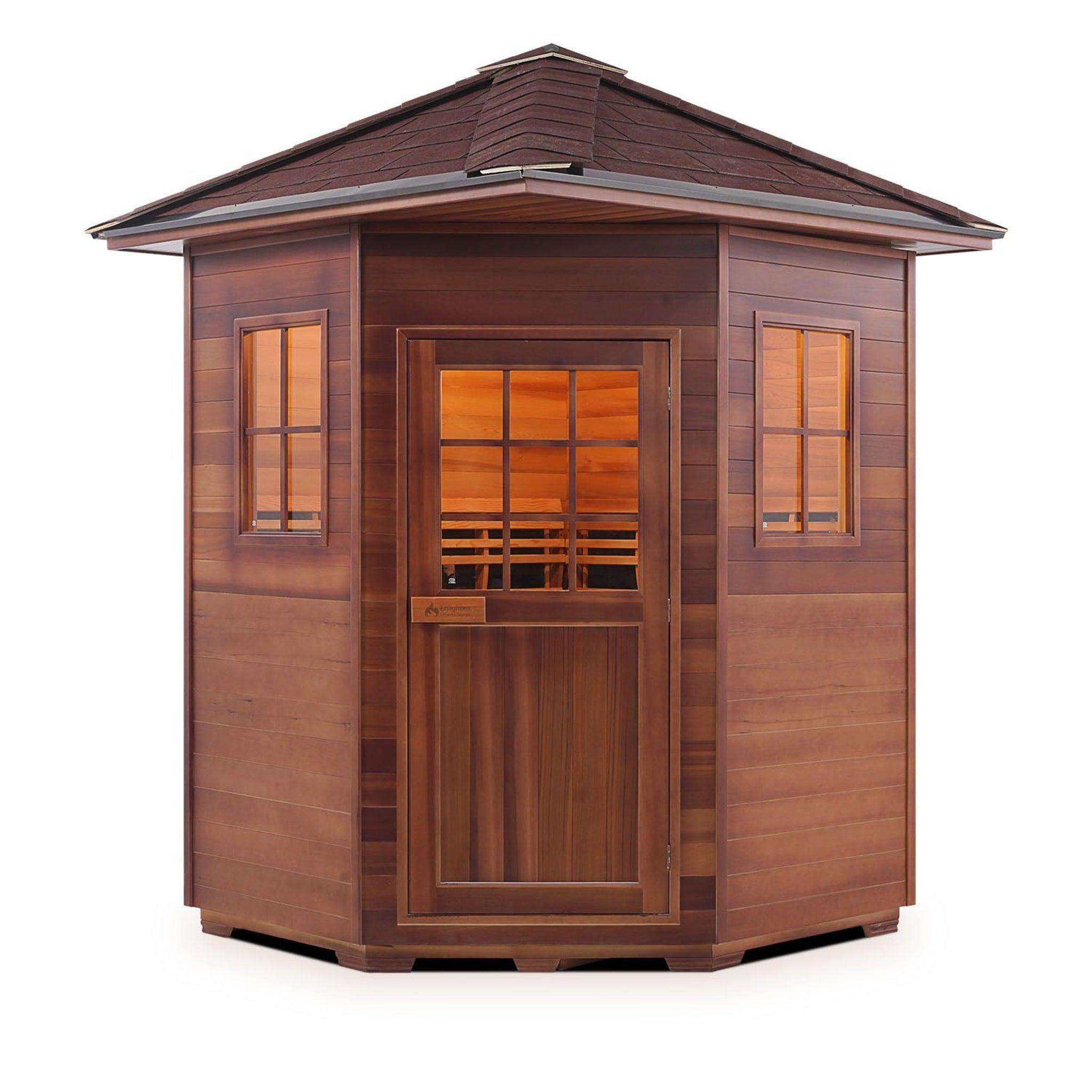 Enlighten Sauna, Enlighten InfraNature Duet Sapphire 4-Person Corner Peak Roof Hybrid Infrared/Traditional Outdoor Sauna