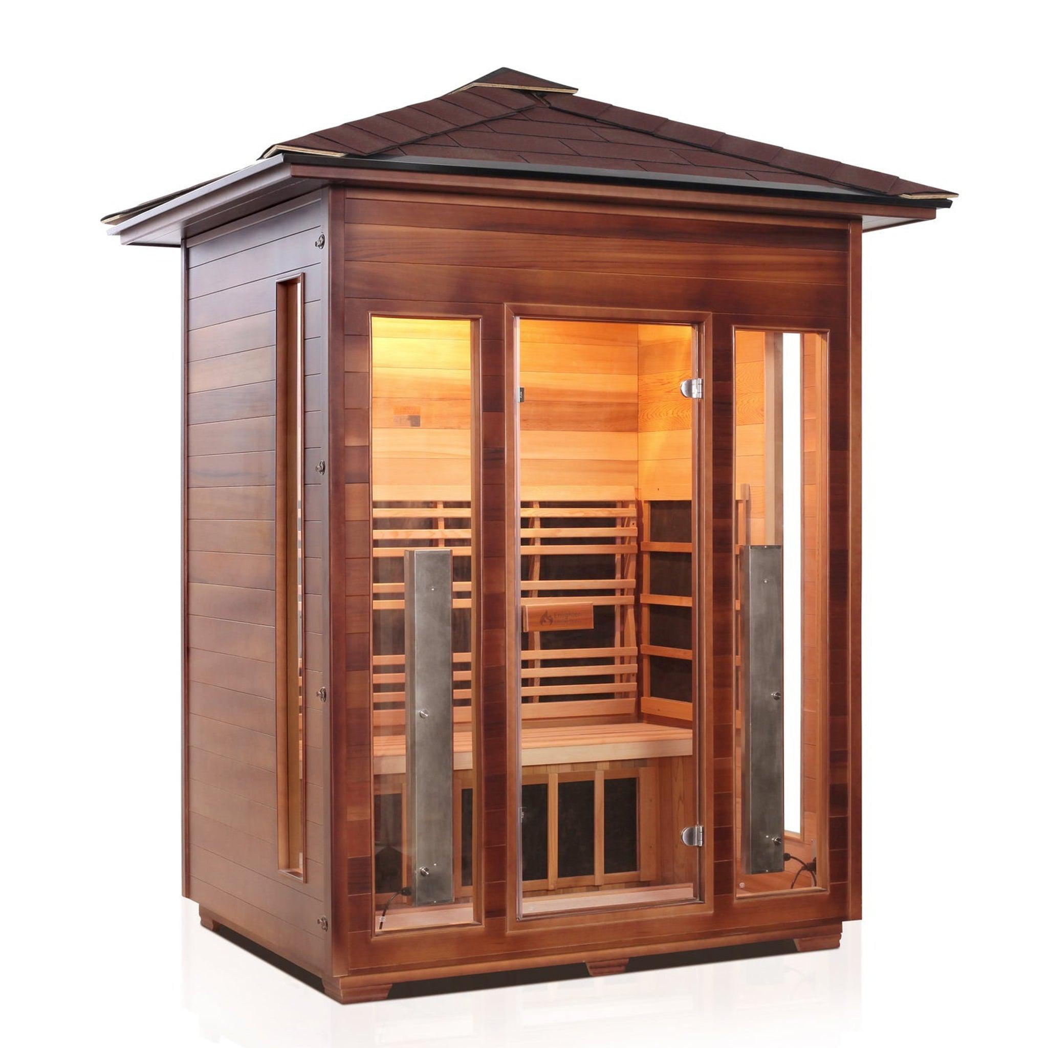 Enlighten Sauna, Enlighten InfraNature Original Rustic 3-Person Peak Roof Full Spectrum Infrared Outdoor Sauna