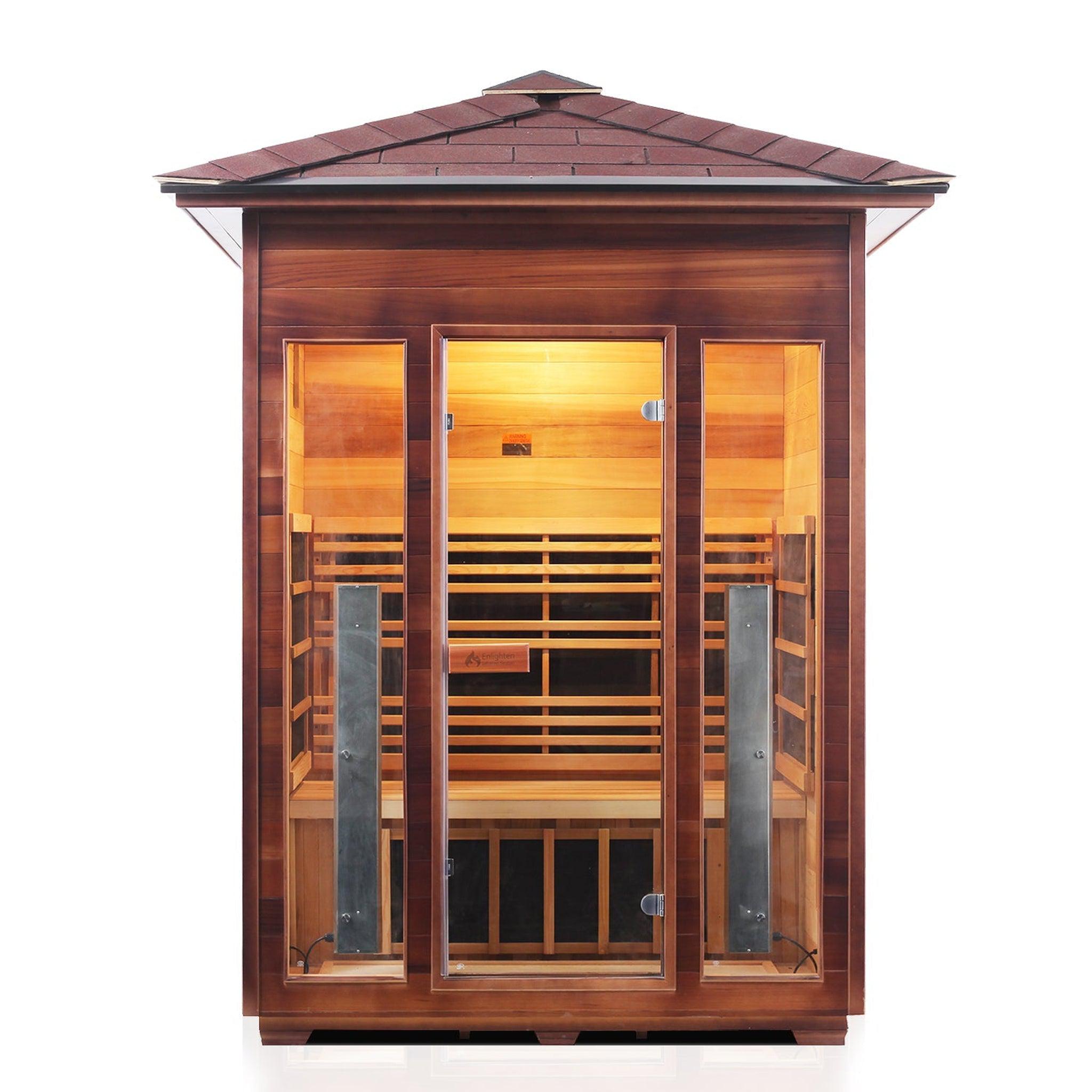 Enlighten Sauna, Enlighten InfraNature Original Rustic 3-Person Peak Roof Full Spectrum Infrared Outdoor Sauna