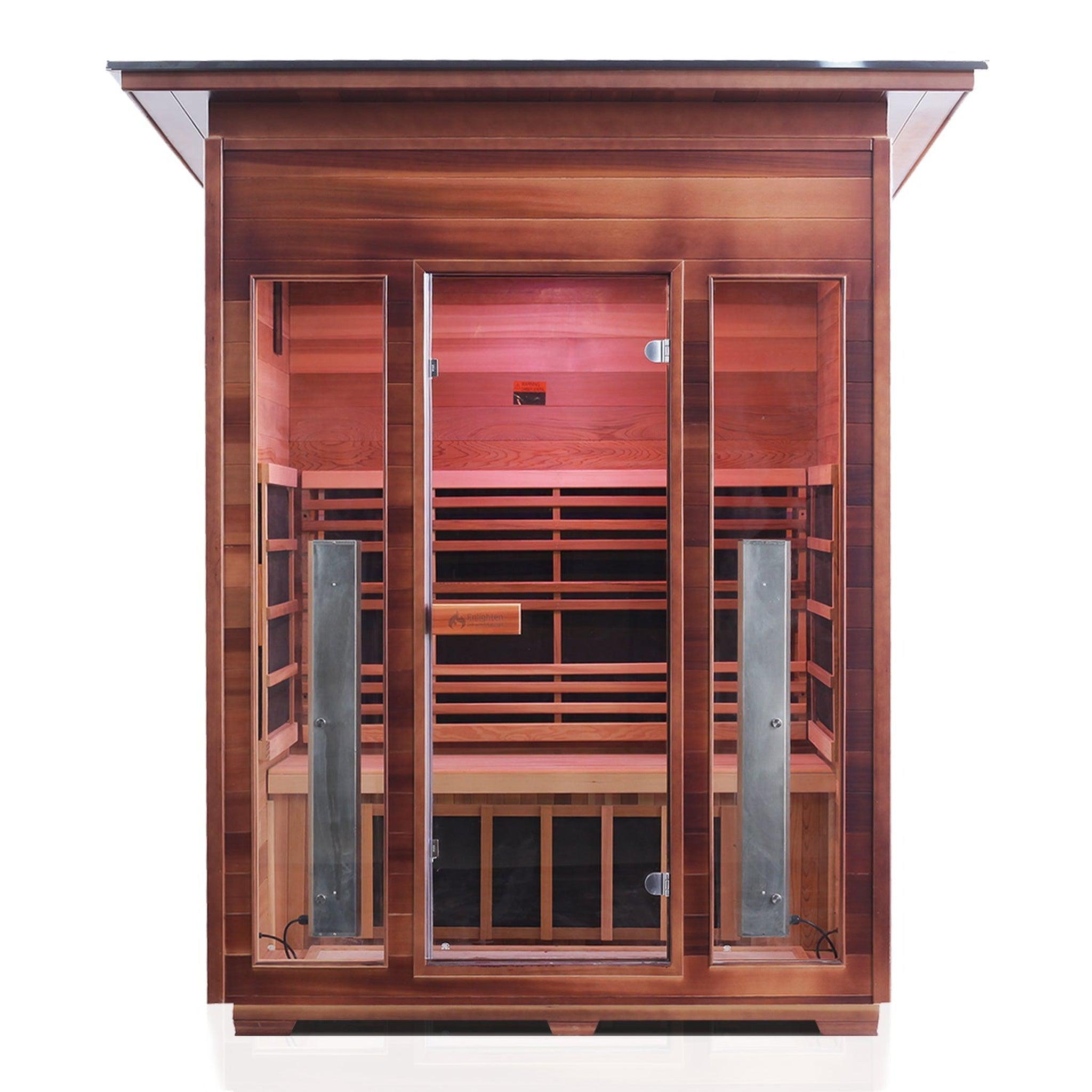 Enlighten Sauna, Enlighten InfraNature Original Rustic 3-Person Slope Roof Full Spectrum Infrared Outdoor Sauna