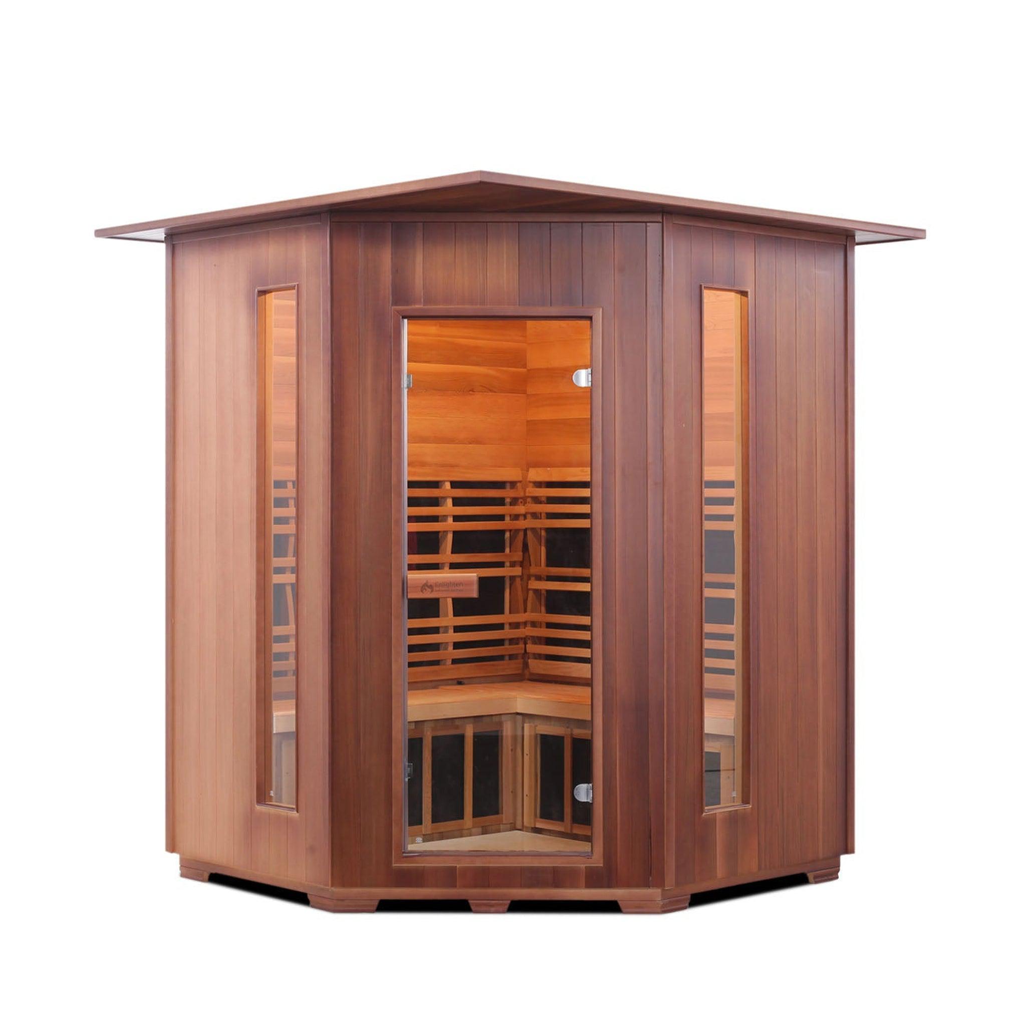 Enlighten Sauna, Enlighten InfraNature Original Rustic 4-Person Corner Full Spectrum Infrared Indoor Sauna