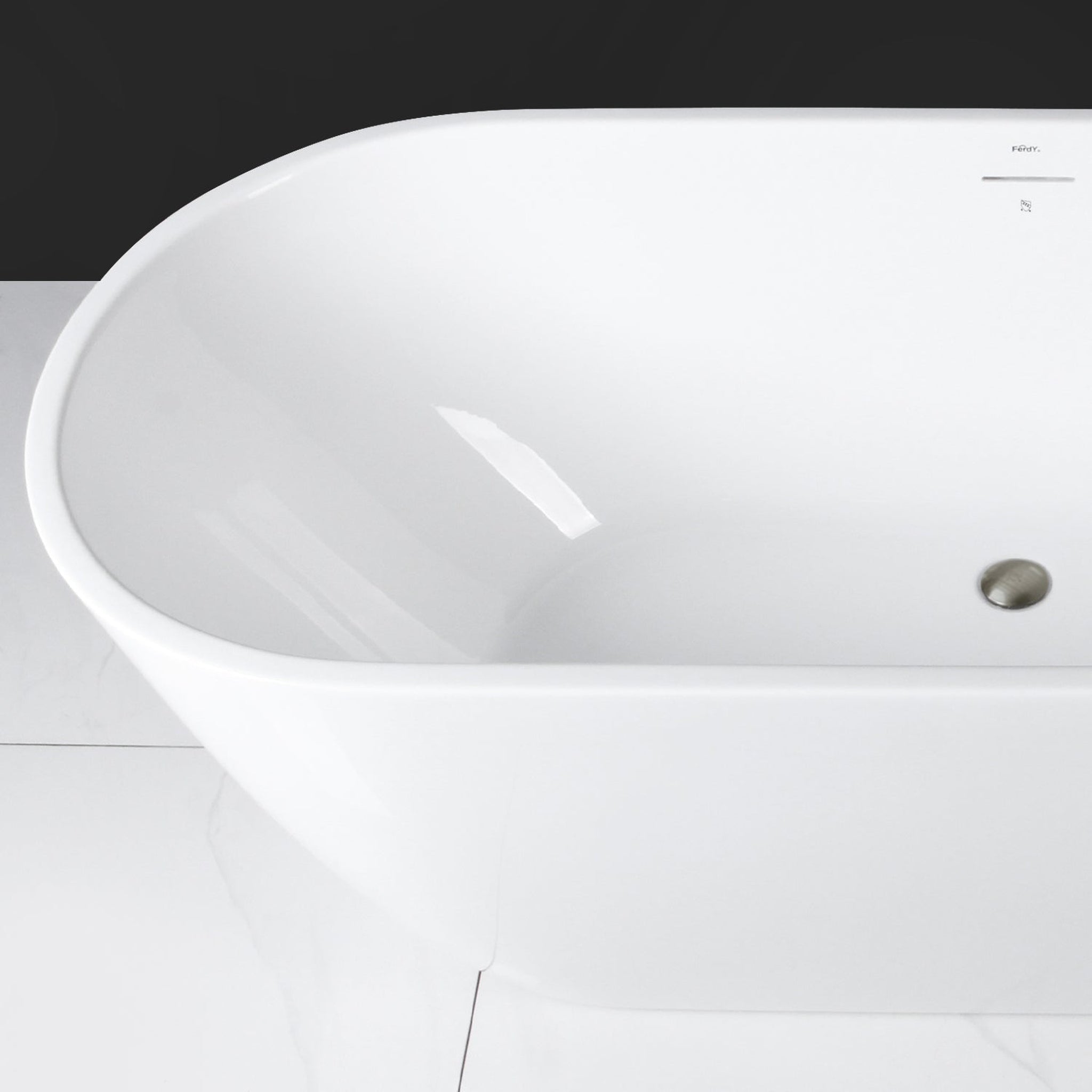 FerdY, FerdY Bali 55" x 28" Oval Glossy White Acrylic Freestanding Roll Top Soaking Bathtub With Brushed Nickel Drain and Overflow