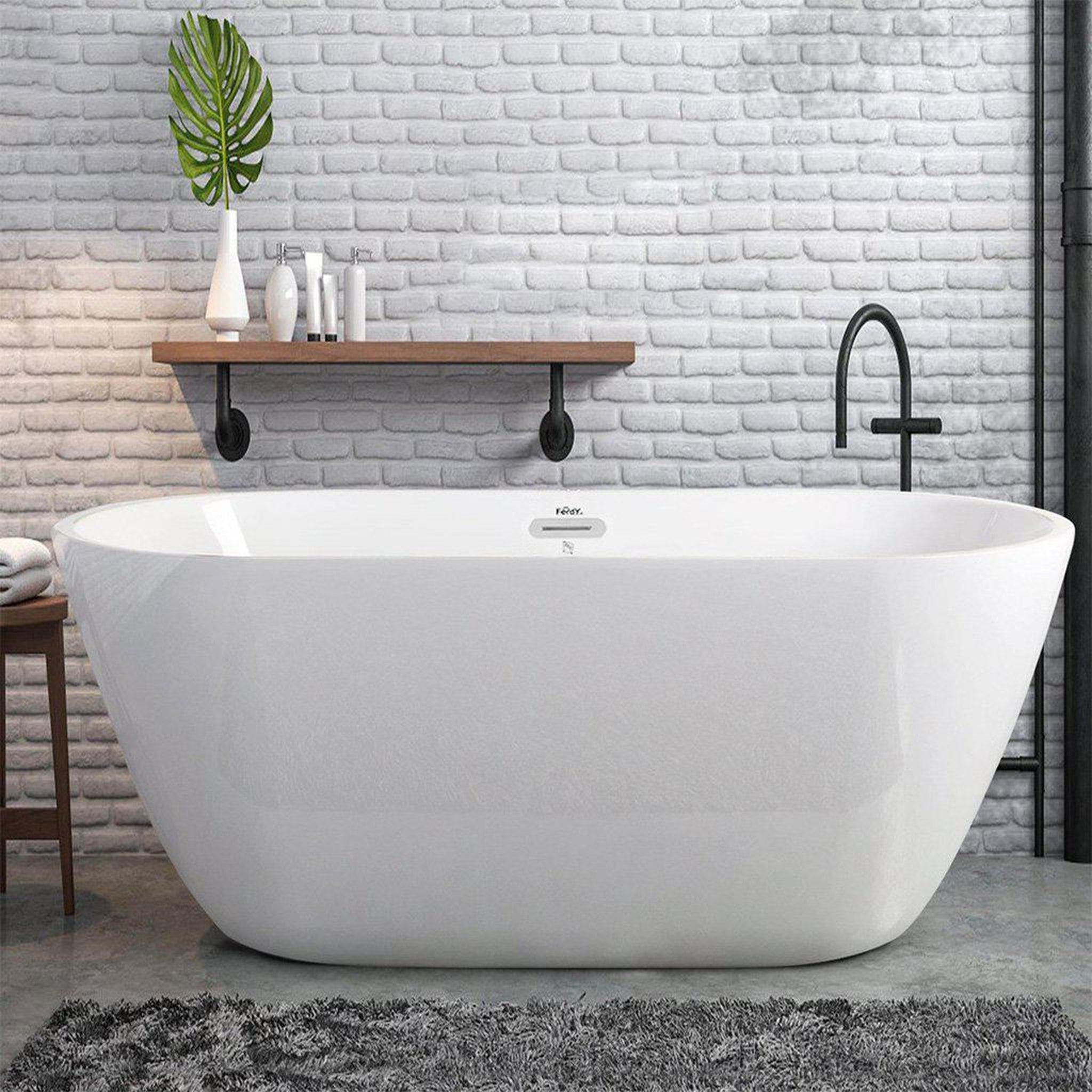 FerdY, FerdY Bali 55" x 28" Oval Glossy White Acrylic Freestanding Roll Top Soaking Bathtub With Chrome Drain and Overflow