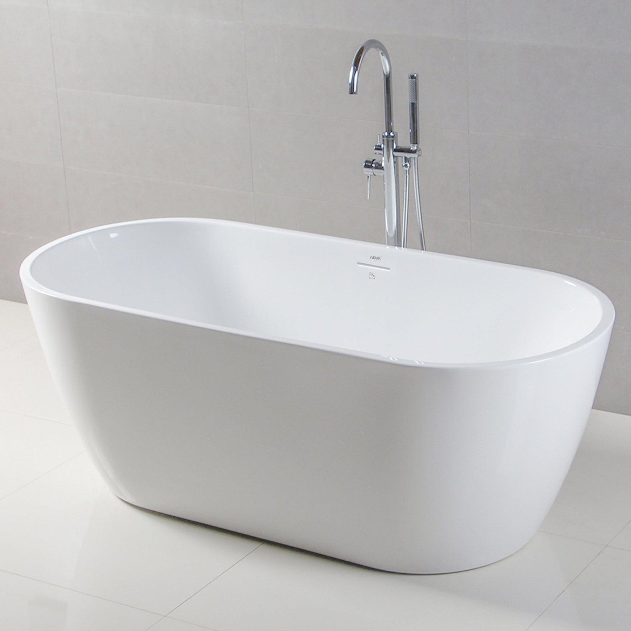 FerdY, FerdY Bali 59" x 28" Oval Glossy White Acrylic Freestanding Double Slipper Soaking Bathtub With Brushed Nickel Drain and Overflow