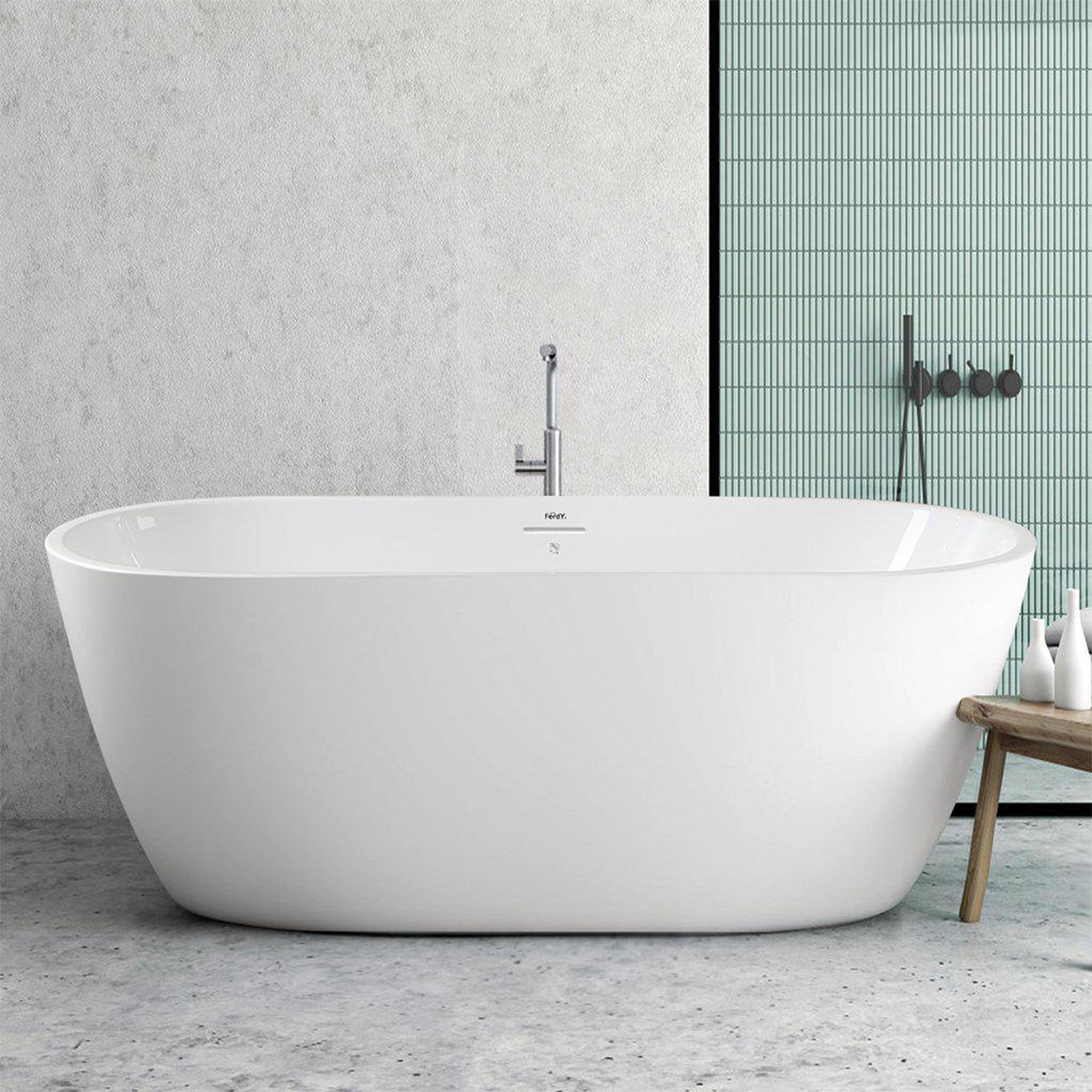 FerdY, FerdY Bali 59" x 28" Oval Glossy White Acrylic Freestanding Double Slipper Soaking Bathtub With Brushed Nickel Drain and Overflow