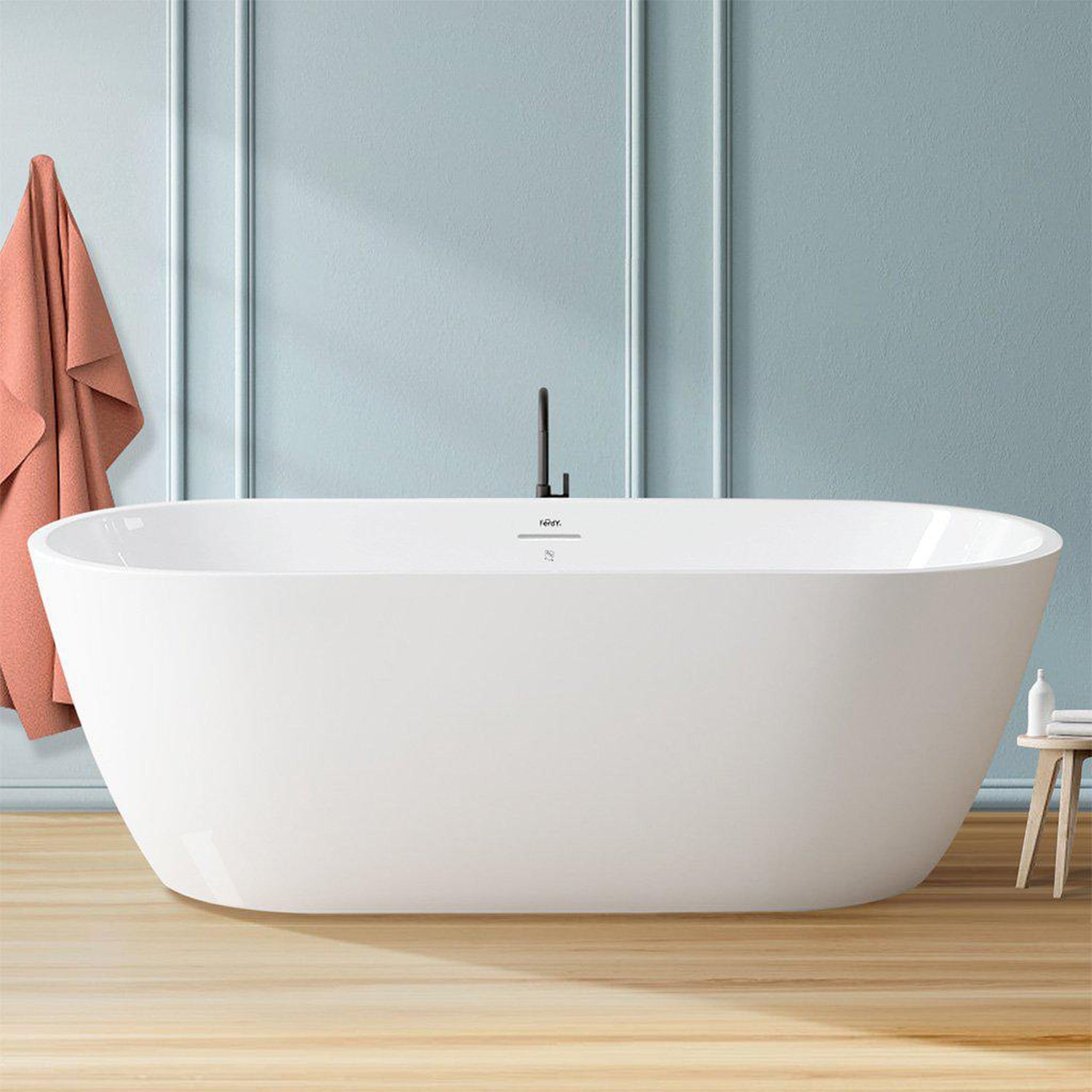 FerdY, FerdY Bali 67" x 30" Oval Glossy White Acrylic Freestanding Roll Top Soaking Bathtub With Brushed Nickel Drain and Overflow