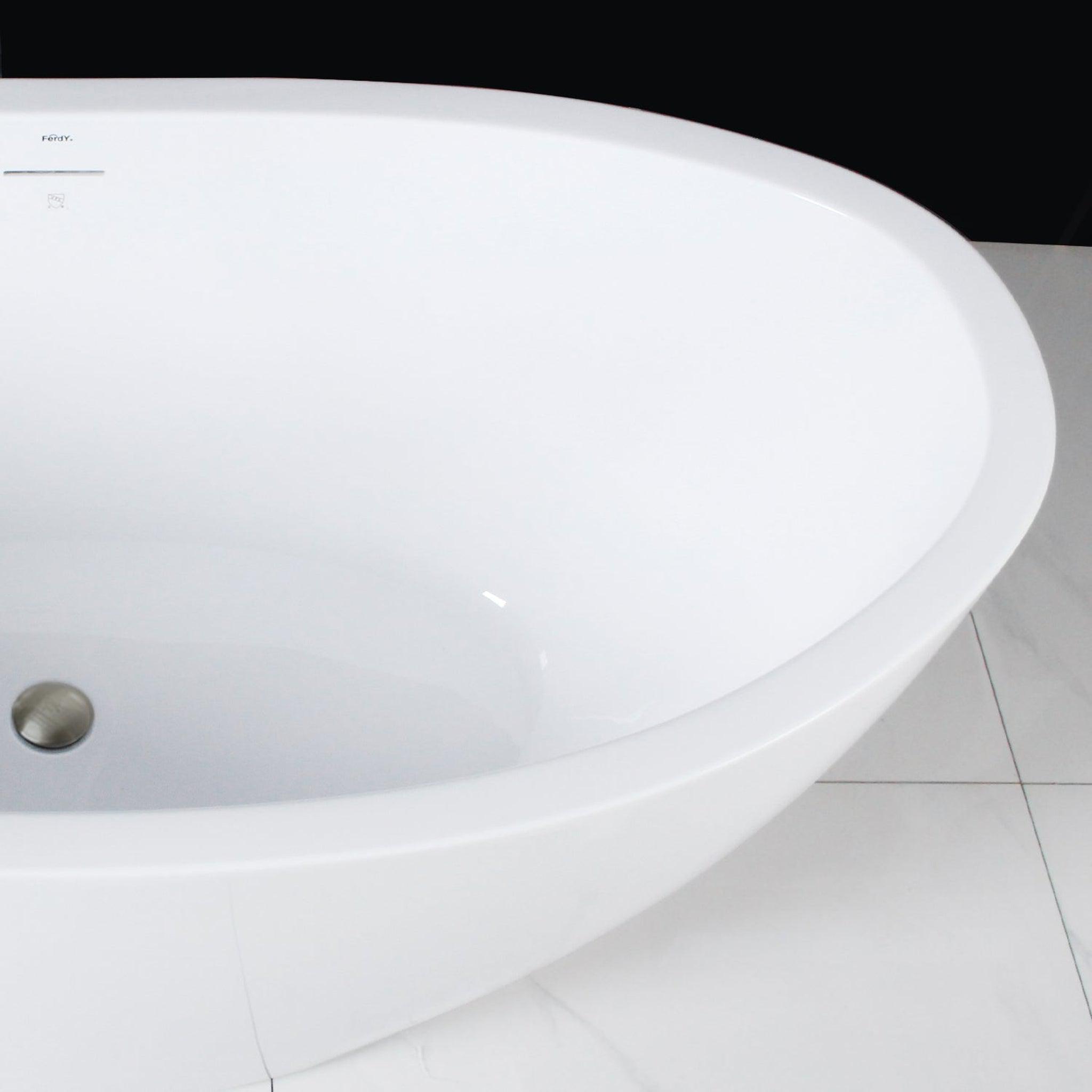 FerdY, FerdY Naha 59" x 31" Oval Glossy White Acrylic Freestanding Double Slipper Soaking Bathtub With Brushed Nickel Drain and Overflow