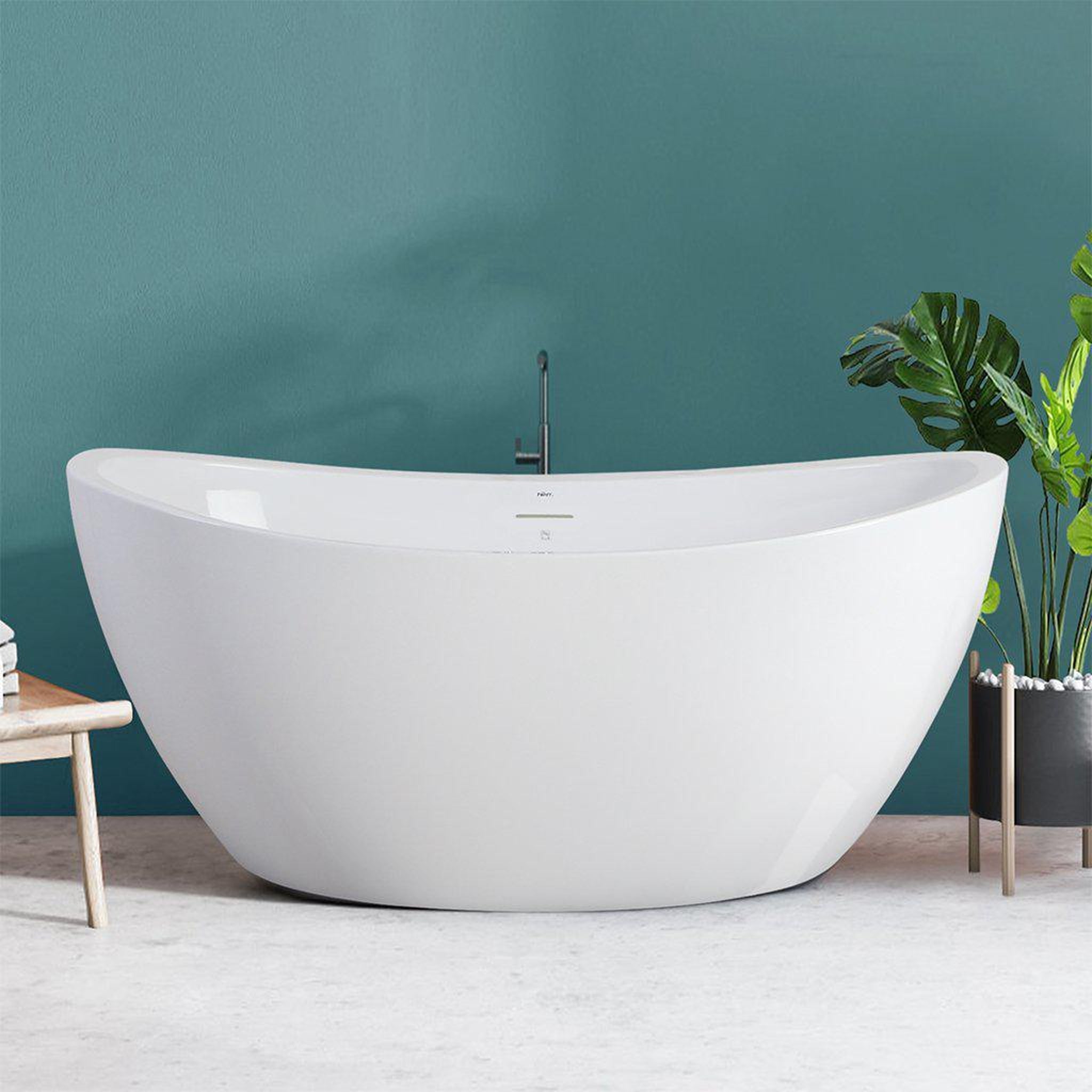 FerdY, FerdY Naha 59" x 31" Oval Glossy White Acrylic Freestanding Double Slipper Soaking Bathtub With Brushed Nickel Drain and Overflow