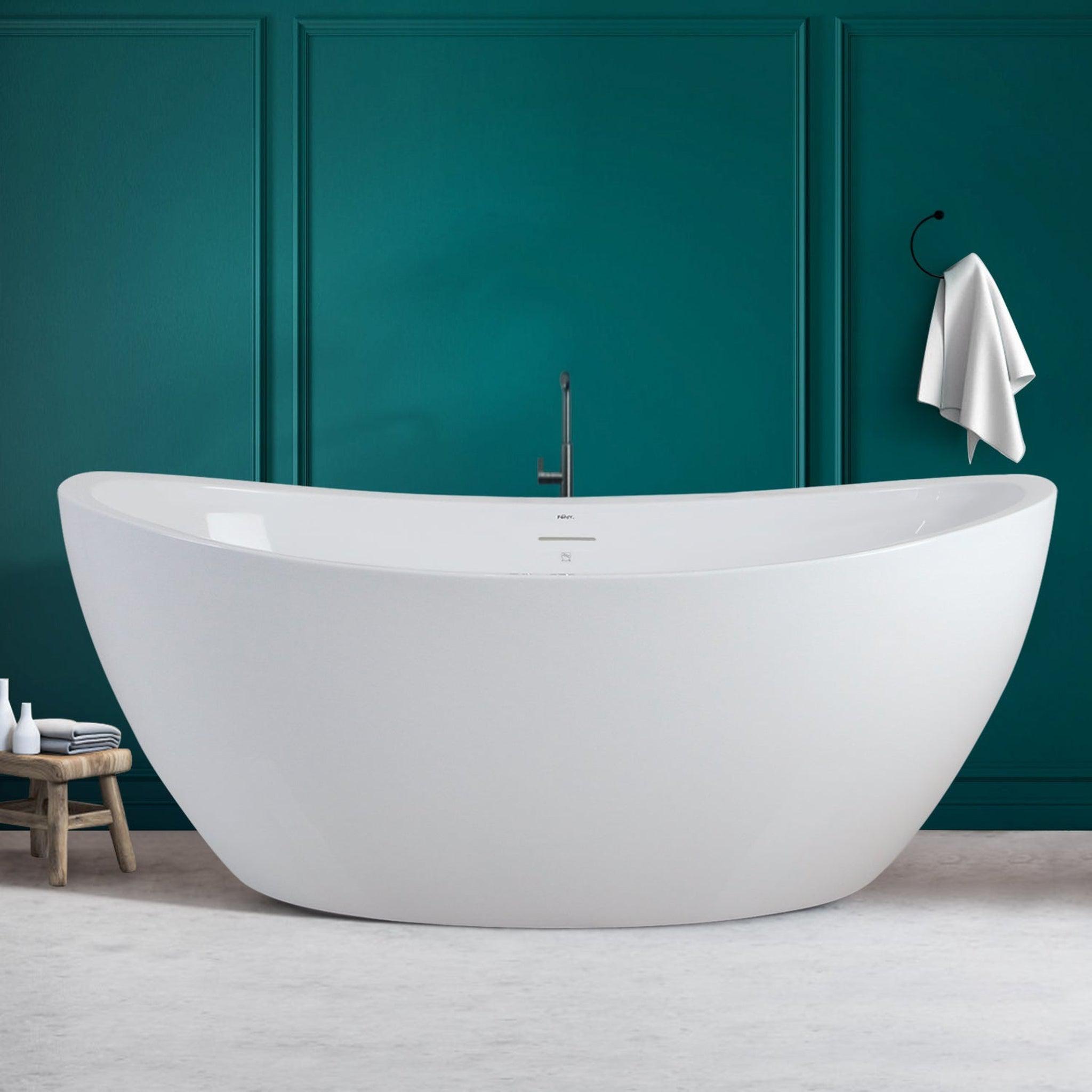 FerdY, FerdY Naha 67" x 31" Oval Glossy White Acrylic Freestanding Double Slipper Soaking Bathtub With Brushed Nickel Drain and Overflow