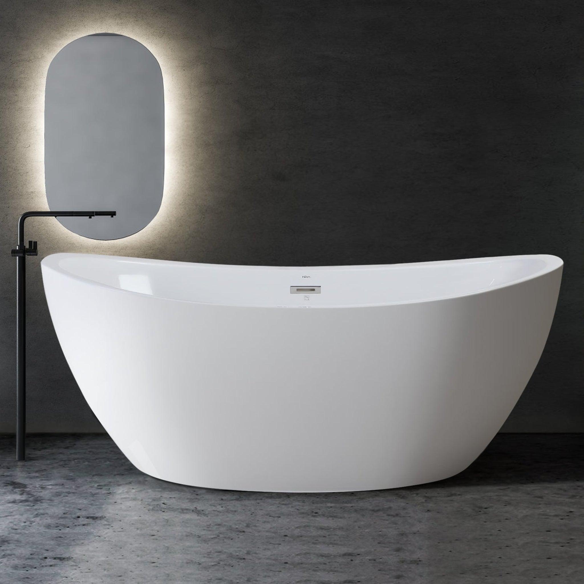 FerdY, FerdY Naha 67" x 31" Oval Glossy White Acrylic Freestanding Double Slipper Soaking Bathtub With Chrome Drain and Overflow