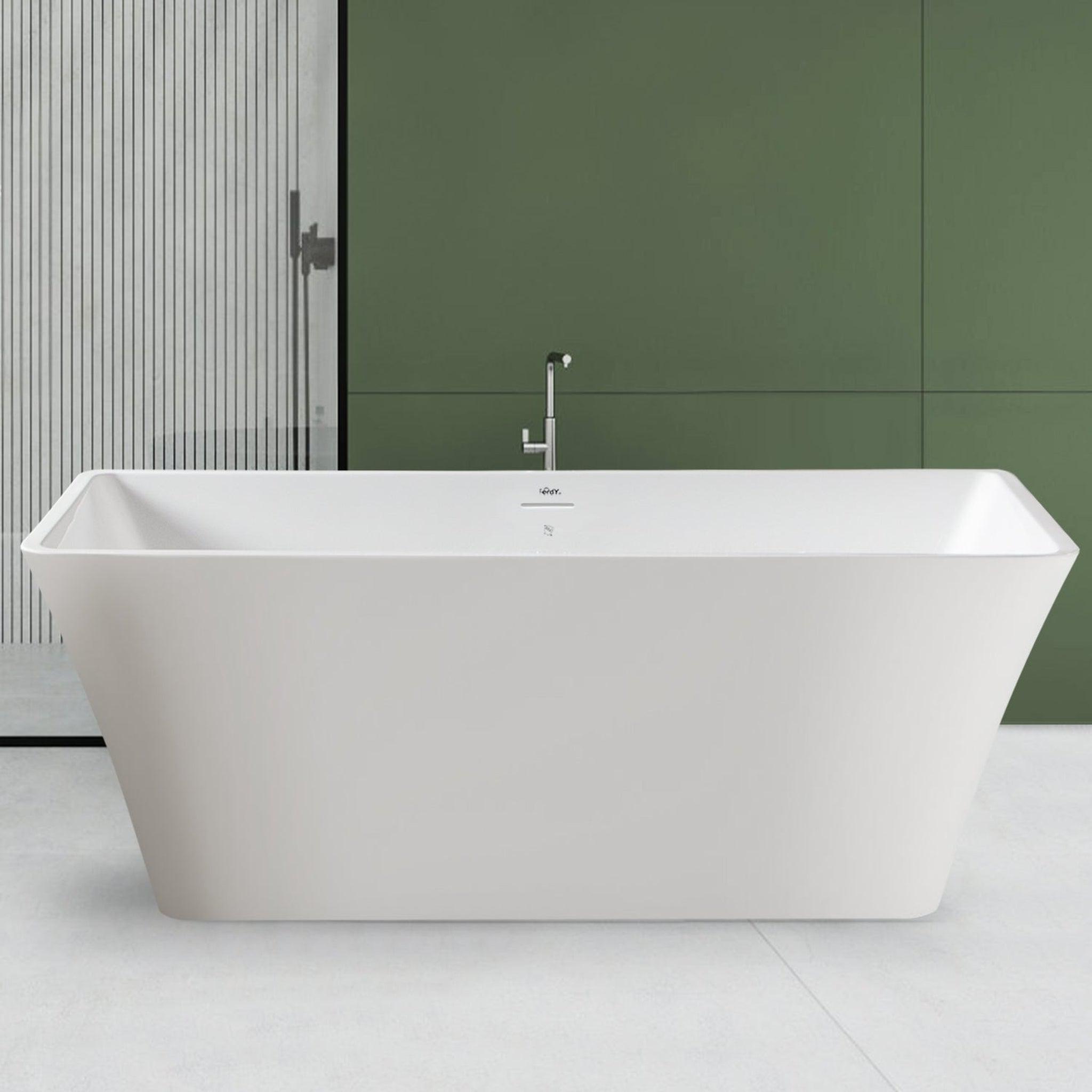 FerdY, FerdY Sentosa 59" x 30" Rectangular Glossy White Acrylic Freestanding Double Slipper Soaking Bathtub With Brushed Nickel Drain and Overflow