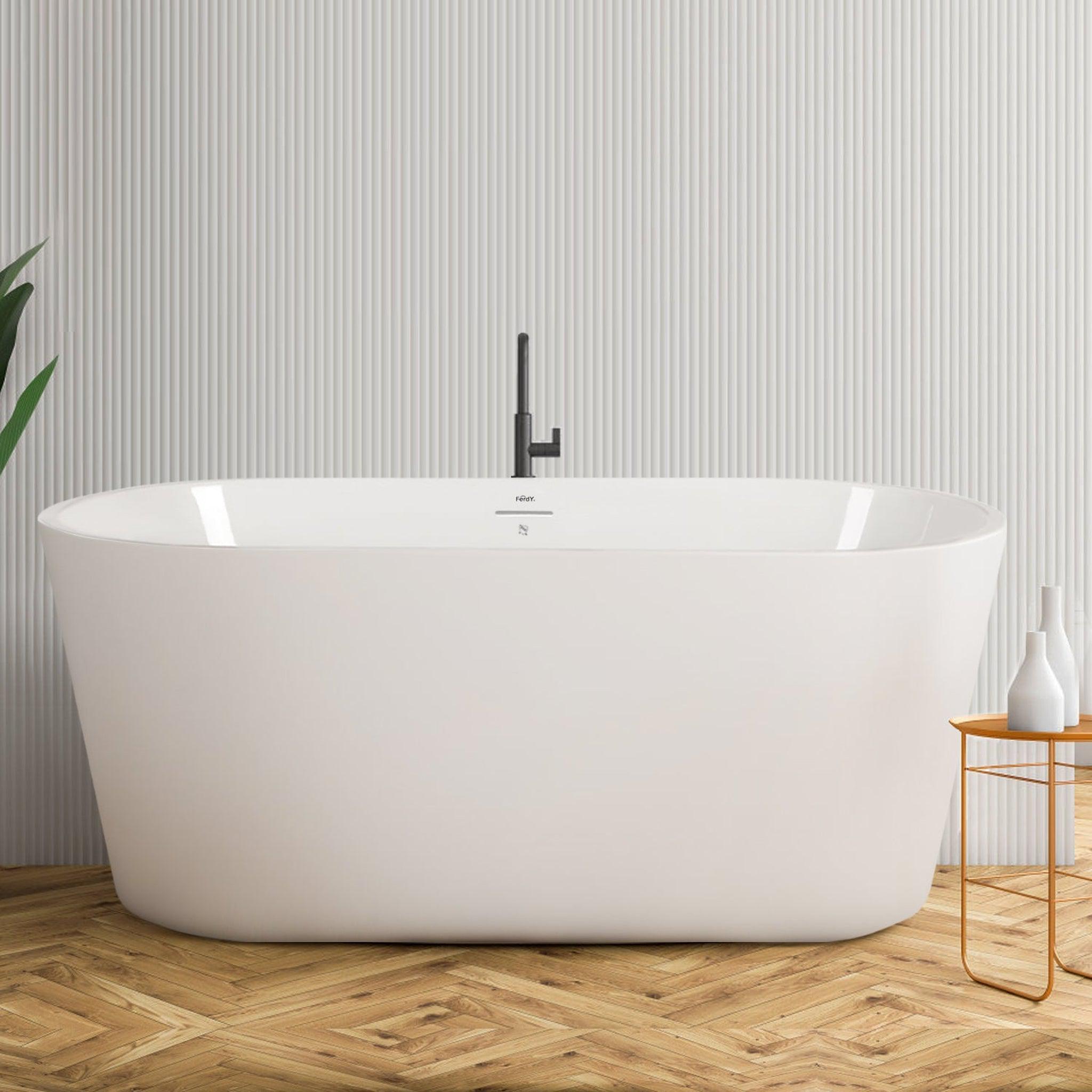 FerdY, FerdY Shangri-La 55" x 28" Oval Glossy White Acrylic Freestanding Roll Top Soaking Bathtub With Brushed Nickel Drain and Overflow