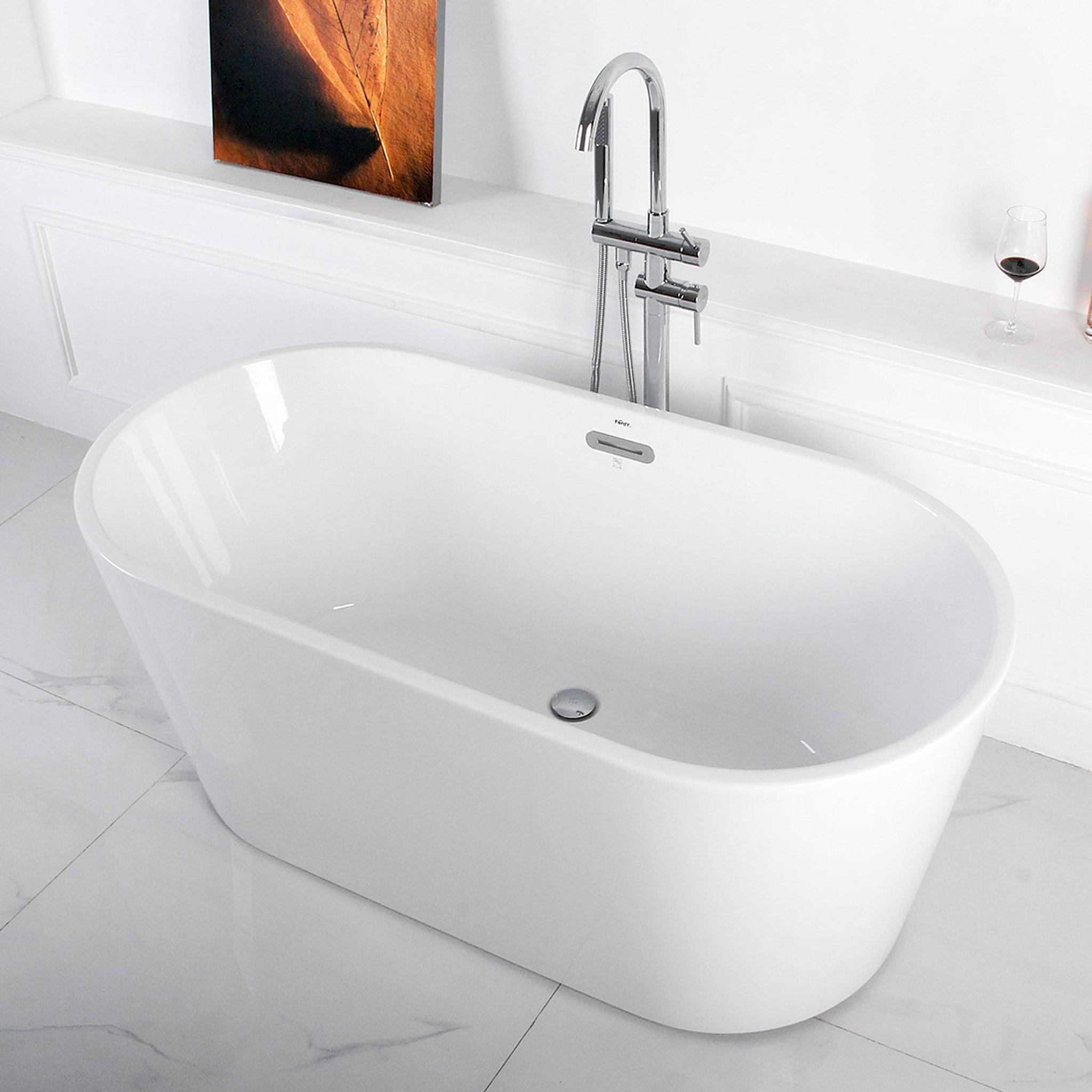 FerdY, FerdY Shangri-La 55" x 28" Oval Glossy White Acrylic Freestanding Roll Top Soaking Bathtub With Chrome Drain and Overflow