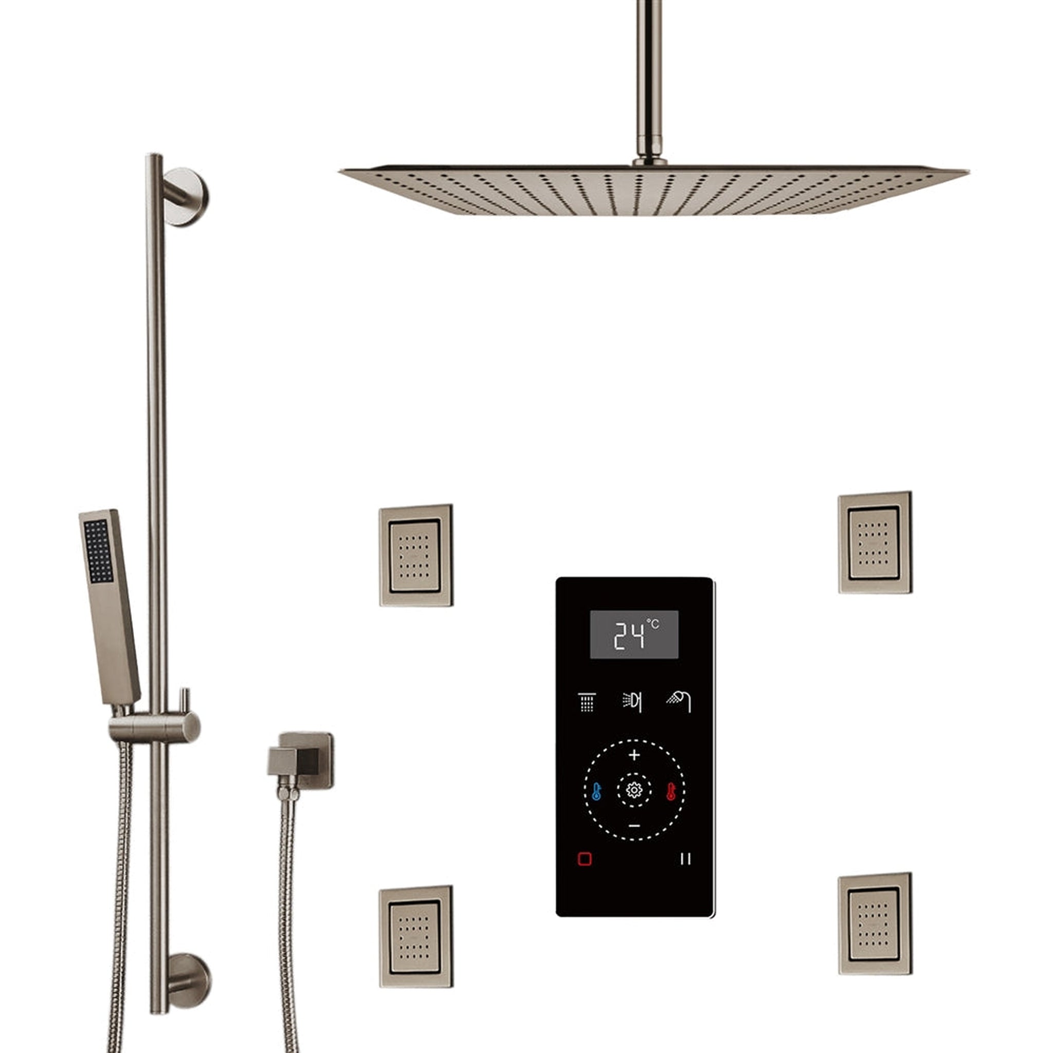 FontanaShowers, Fontana 10" Brushed Nickel Ceiling Mounted Rainfall Digital Control Shower System With 4-Jet Body Sprays, Hand Shower and Water Powered LED Lights