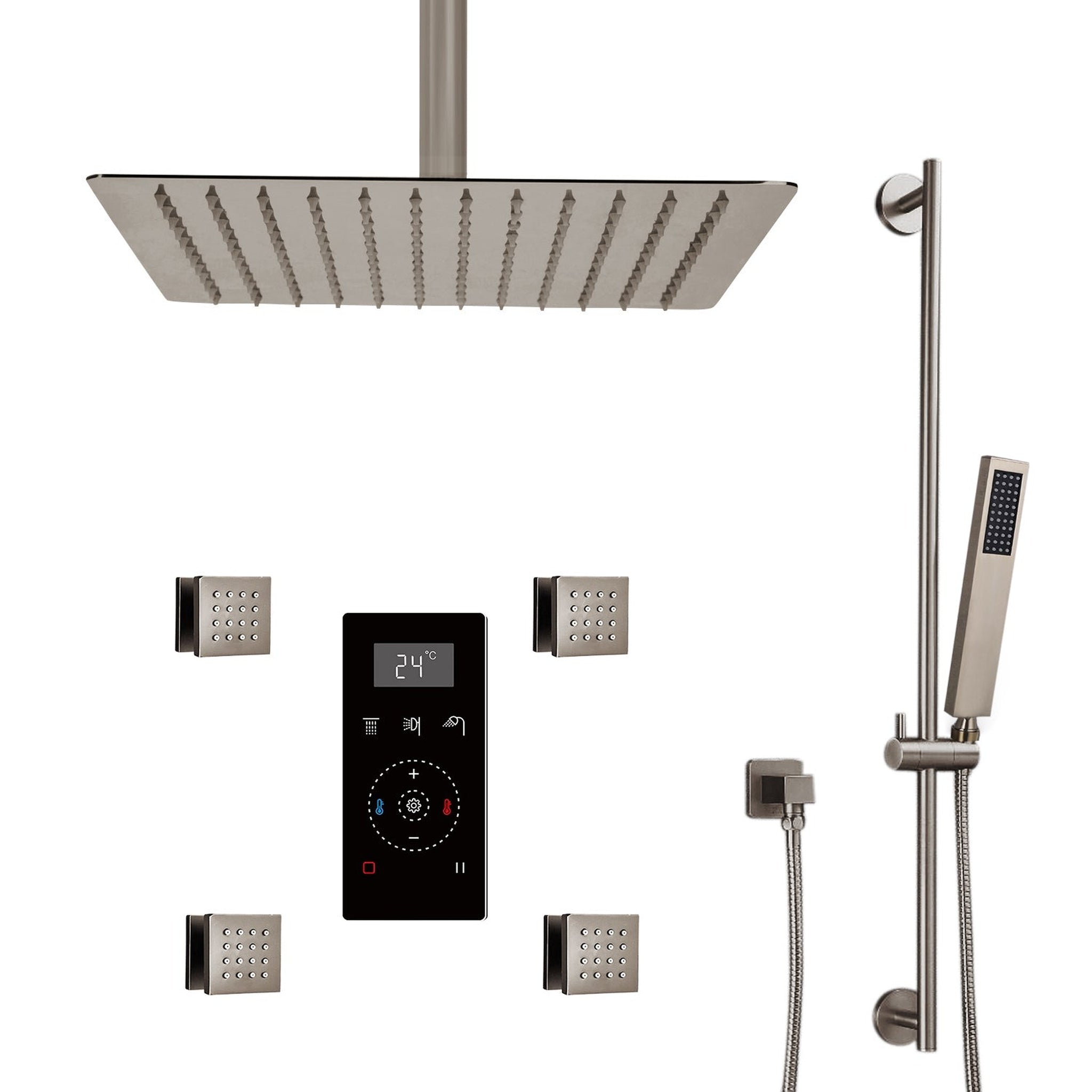 FontanaShowers, Fontana 10" Brushed Nickel Ceiling Mounted Rainfall Digital Thermostat Mixer Shower System With 4-Jet Body Spray, Hand Shower and Water Powered LED Lights