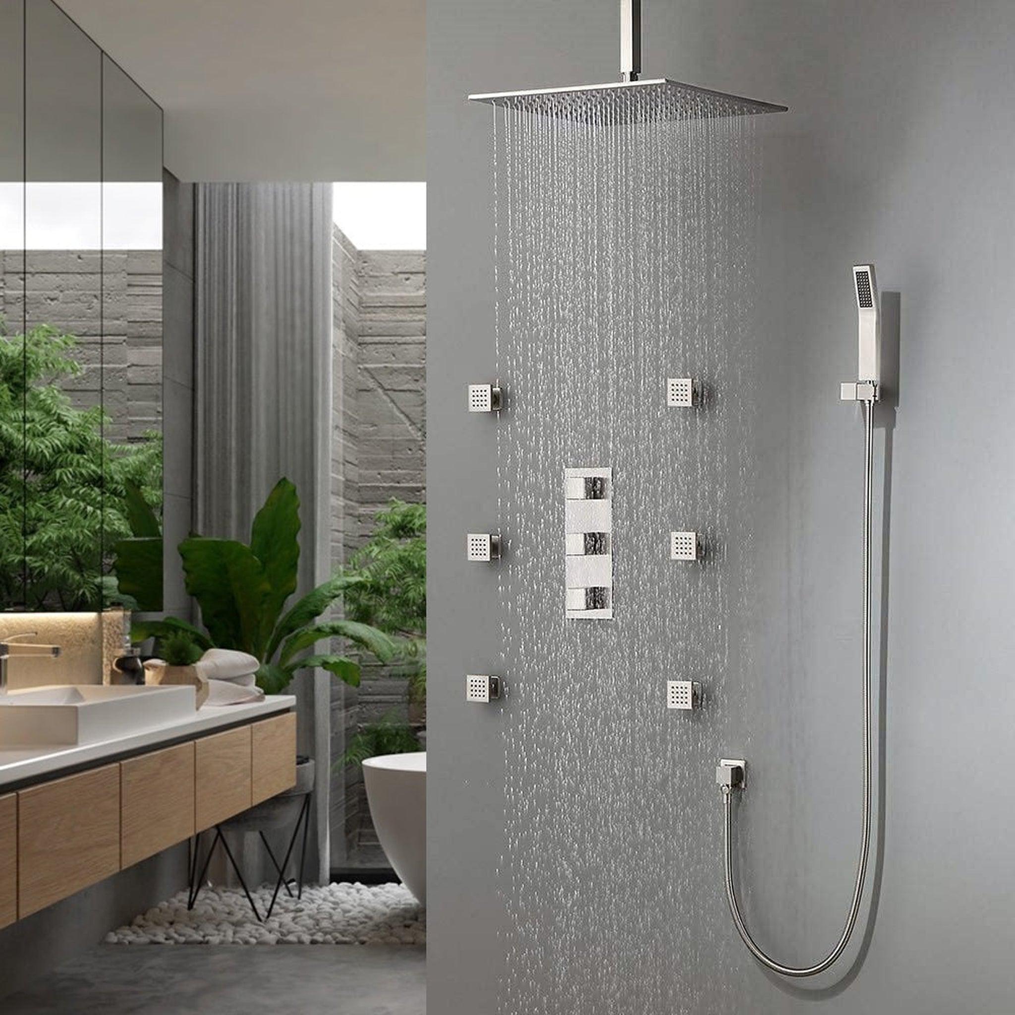 FontanaShowers, Fontana 10" Chrome Square Ceiling Mounted Thermostatic Rainfall Shower Set With 6-Jet Body Sprays and Hand Shower