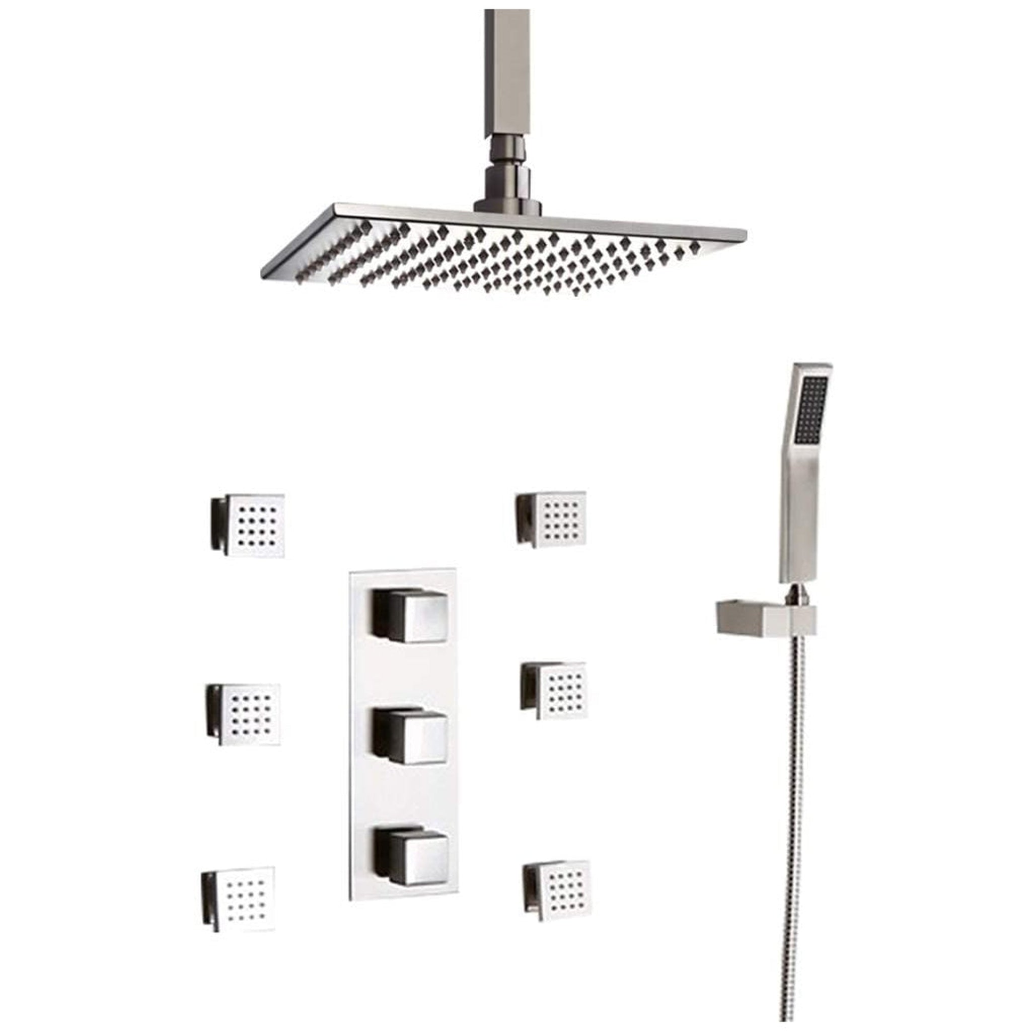 FontanaShowers, Fontana 10" Chrome Square Ceiling Mounted Thermostatic Rainfall Shower Set With 6-Jet Body Sprays and Hand Shower