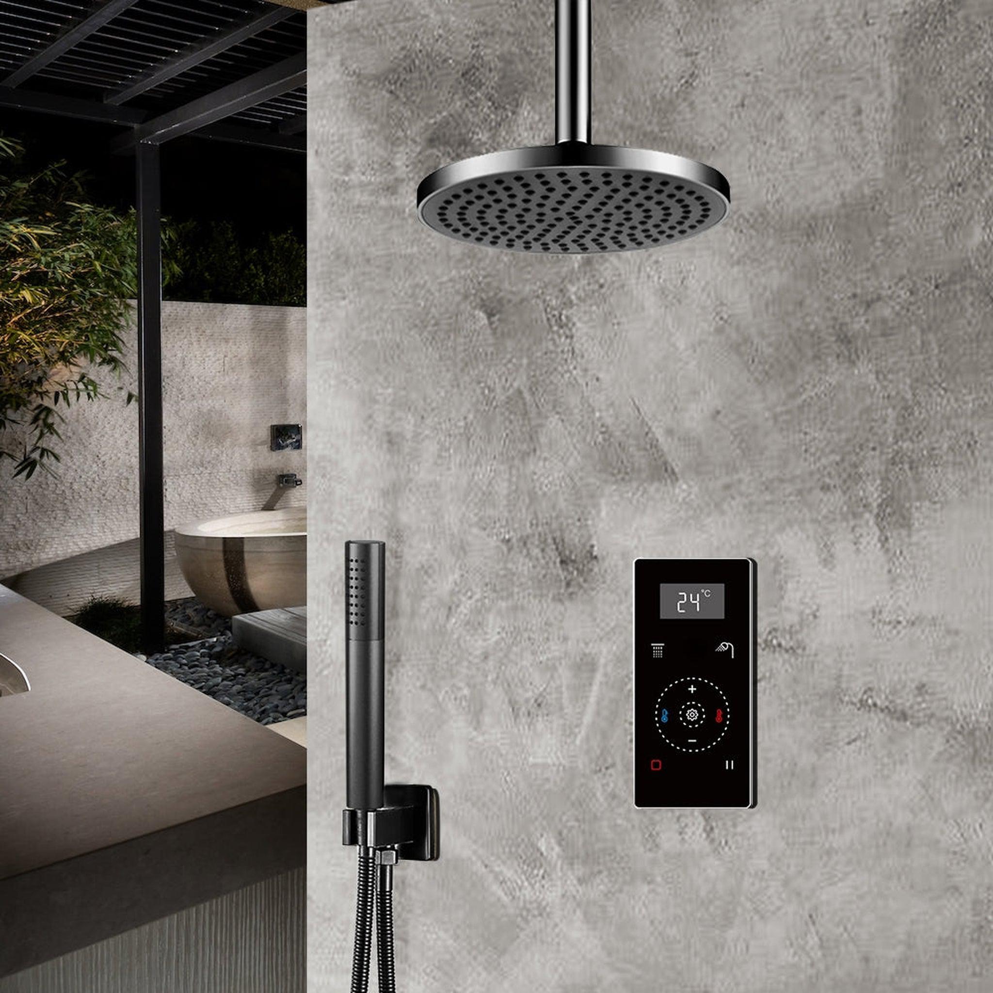 FontanaShowers, Fontana 10" Matte Black Ceiling Mounted Digital Thermostatic Shower With Black Digital Touch Screen Shower Mixer Display Rainfall Shower Set With Hand Shower