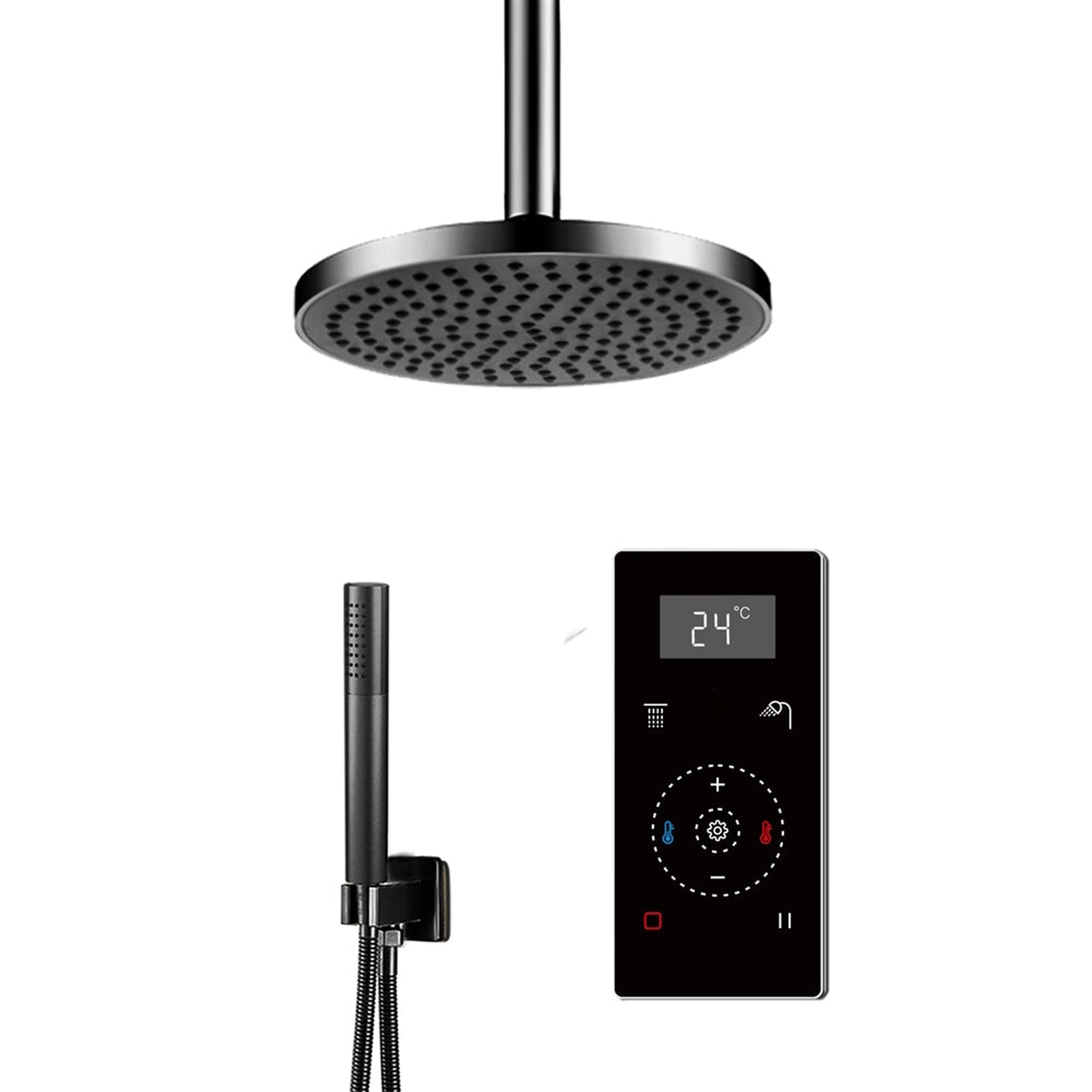 FontanaShowers, Fontana 10" Matte Black Ceiling Mounted Digital Thermostatic Shower With Black Digital Touch Screen Shower Mixer Display Rainfall Shower Set With Hand Shower